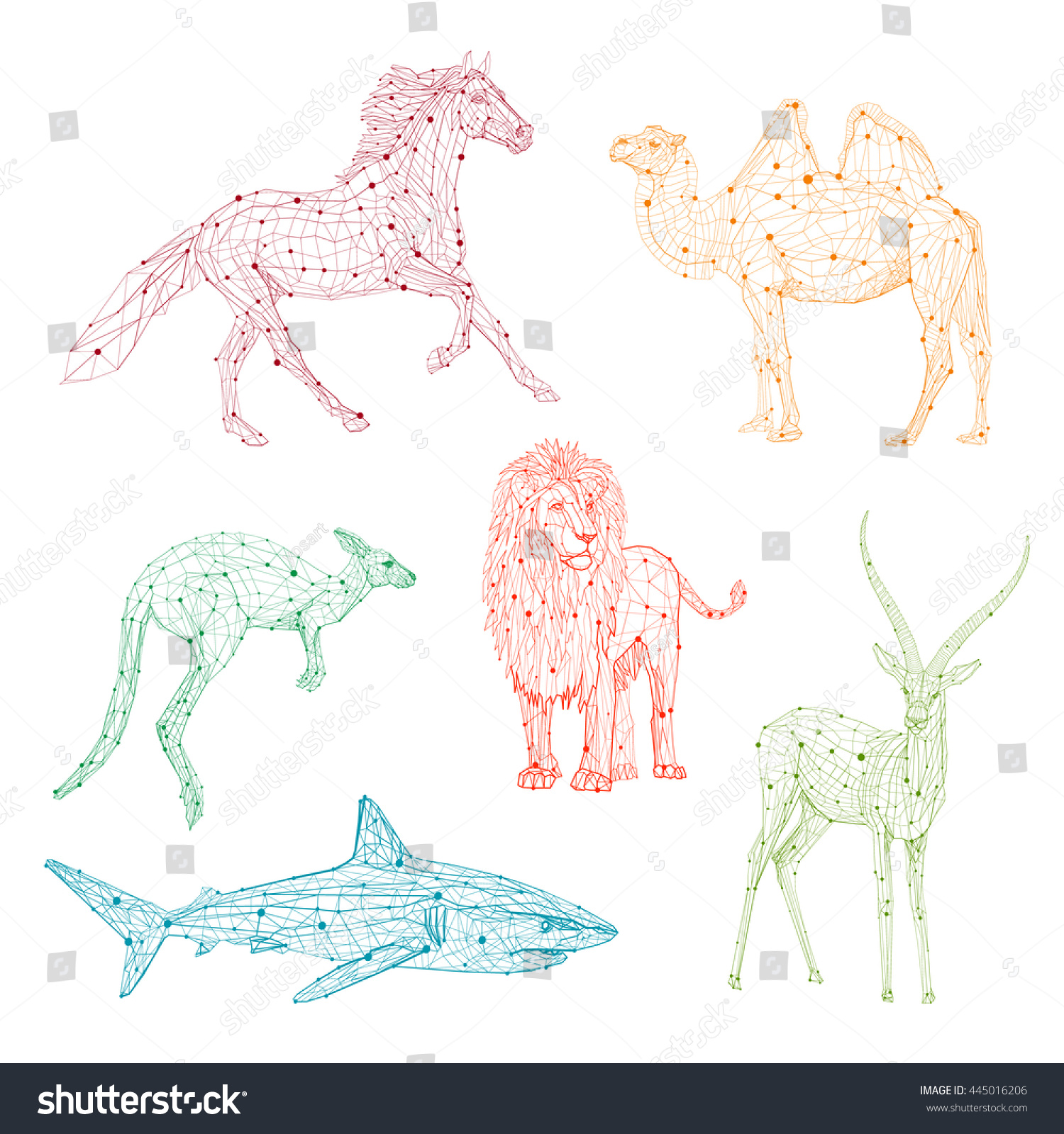 Low Poly Vector Animals Set Horse Lion Camel Kangaroo Shark