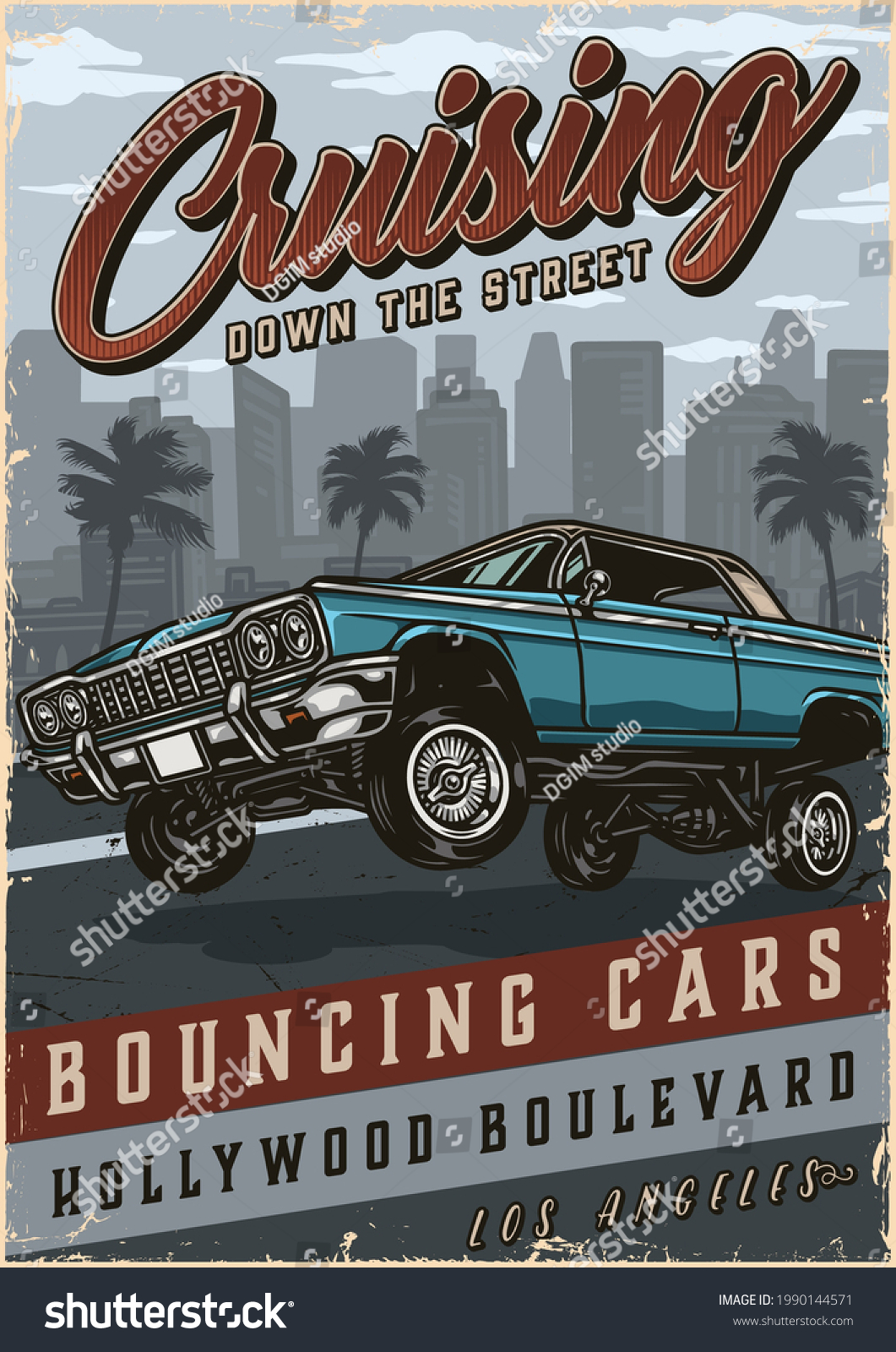 SVG of Lowrider car vintage colorful poster with bouncing automobile on city and palm trees landscape vector illustration svg