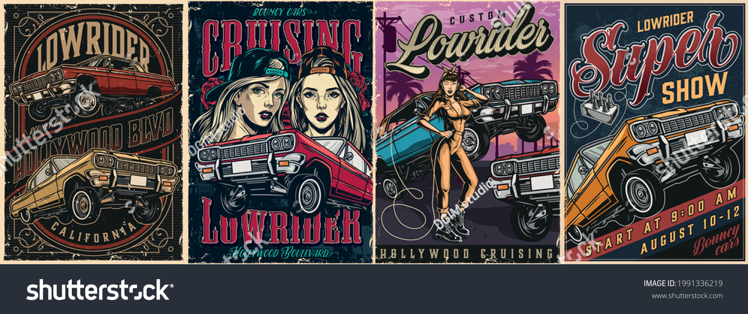 SVG of Lowrider custom cars vintage colorful posters with bouncing automobiles pretty girls in baseball caps and beautiful winking woman in mechanic uniform vector illustration svg
