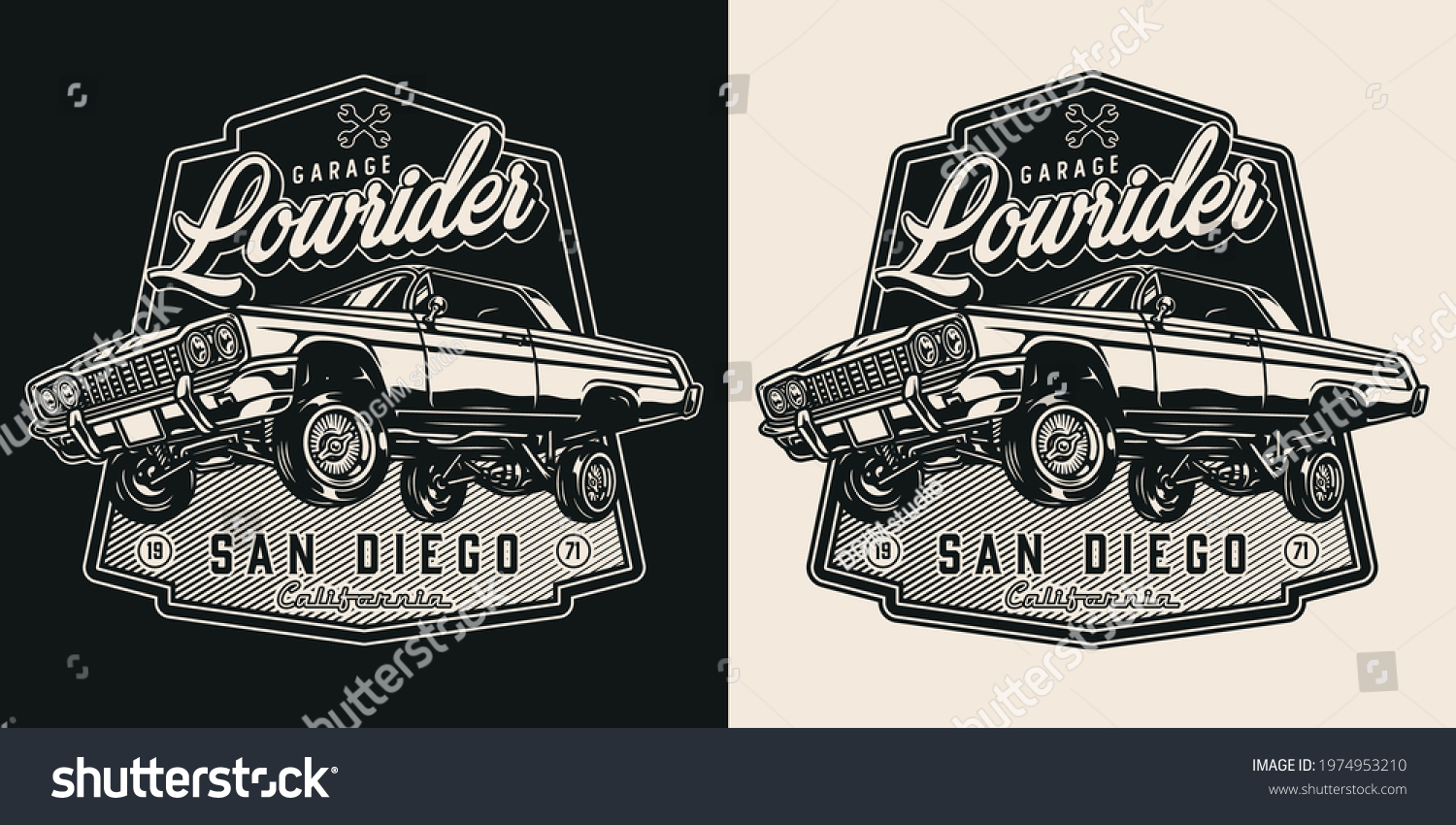 SVG of Lowrider custom garage vintage print with inscriptions and american retro car in monochrome style isolated vector illustration svg