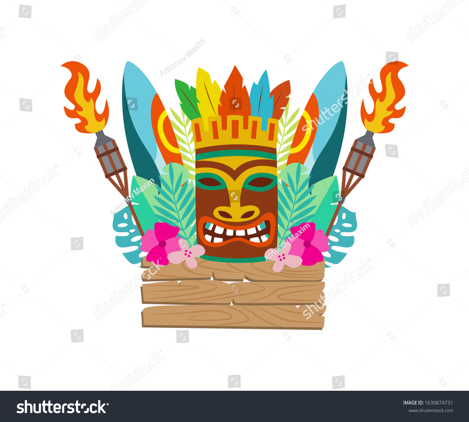SVG of Luau Tiki polynesian wooden mask, surfboard and other items for Hawaiian holiday celebration, flat cartoon vector illustration isolated on white background. svg