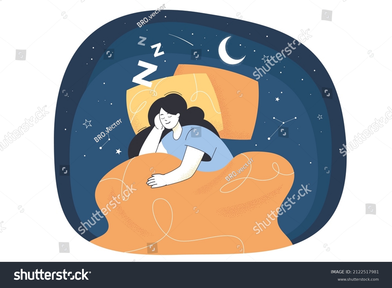 SVG of Lucid dreaming of sleeping woman at night. Astral travel of girl lying on pillow under blanket and experience of REM stage of sleep flat vector illustration. Wakefulness, dream control concept svg