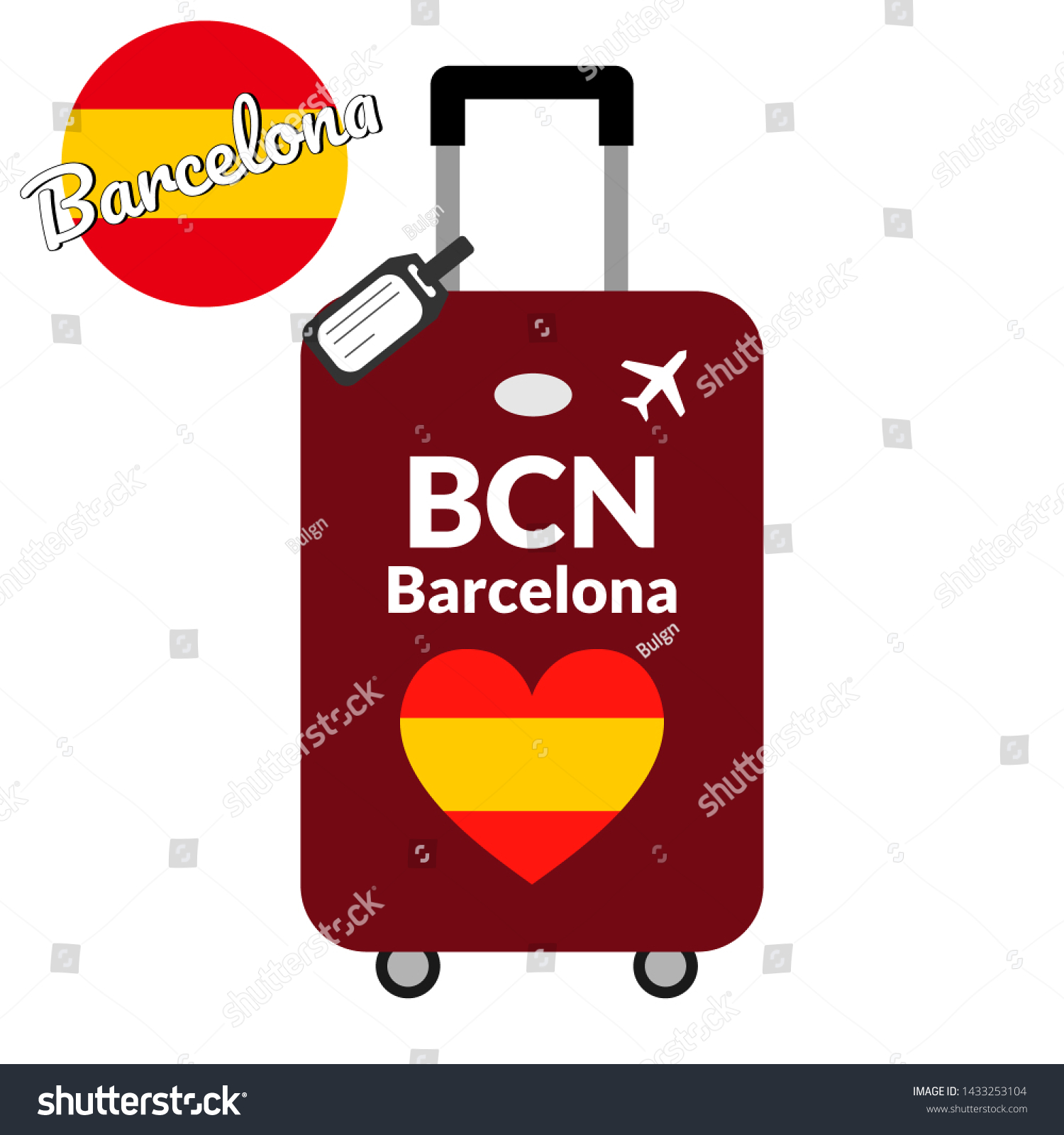 SVG of Luggage with airport station code IATA or location identifier and destination city name Barcelona, BCN. Travel to Spain, Europe concept. Heart shaped flag of the Spain on baggage svg