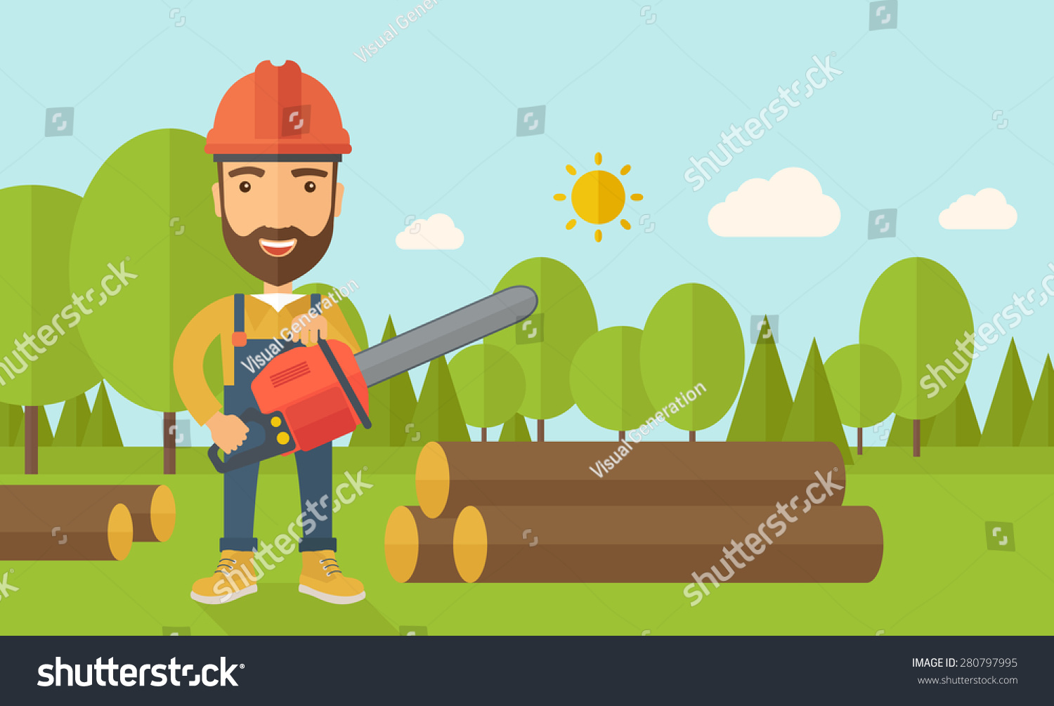 Lumberjack With Hard Hat As Protection Cuts A Tree By Chainsaw Under ...