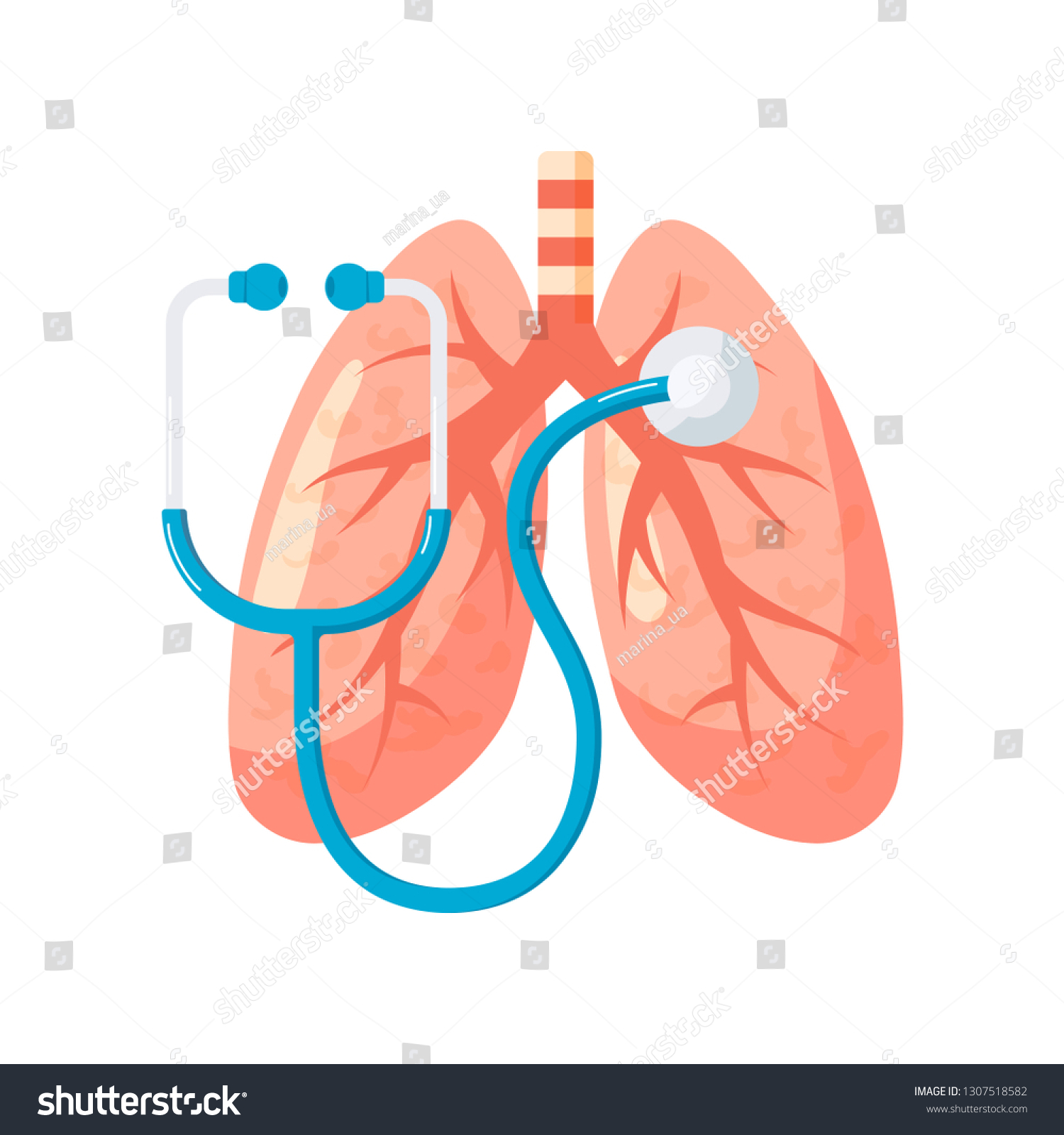 肺の研究や診断のコンセプト フラットスタイルのベクターイラスト 人間の肺と聴診器 のベクター画像素材 ロイヤリティフリー