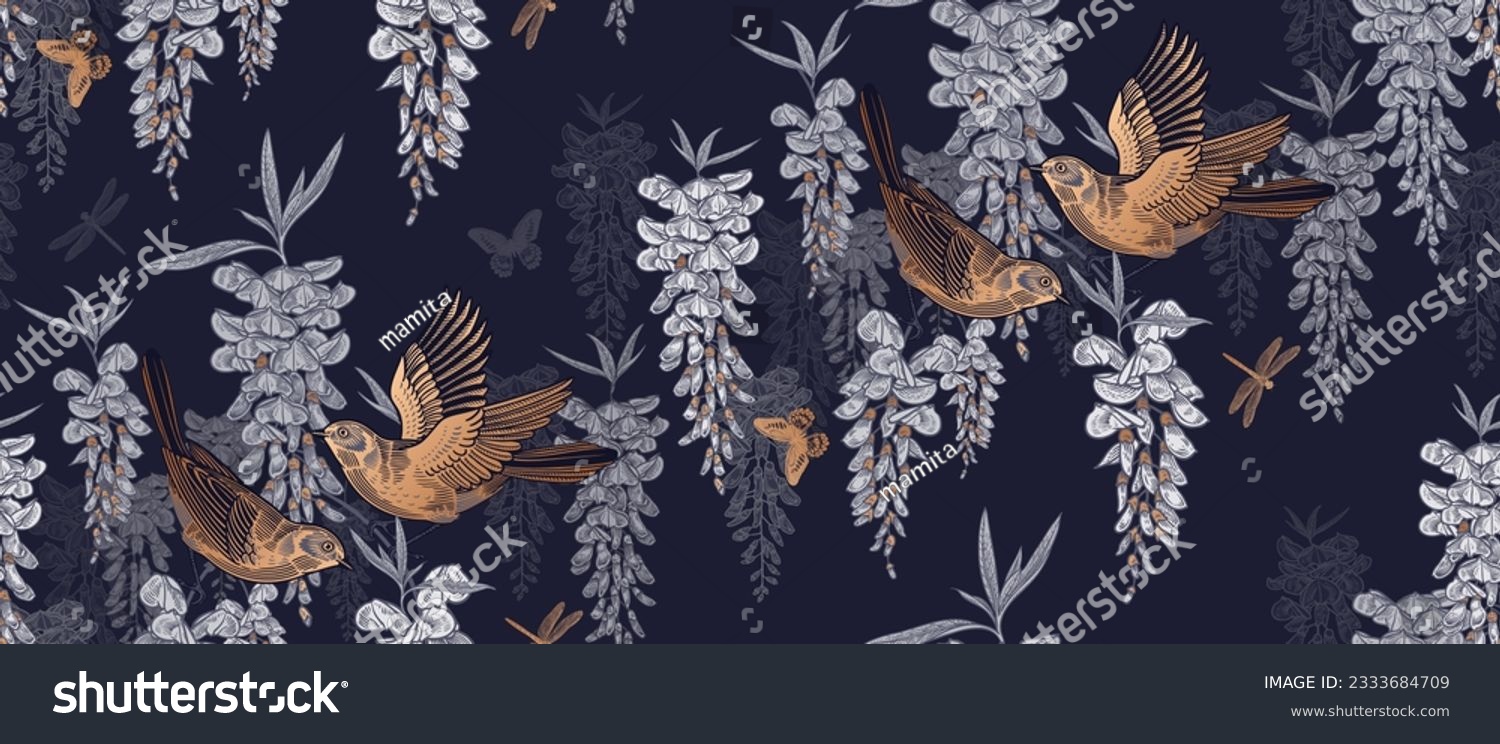 SVG of Luxurious Floral seamless pattern. Birds, butterflies and dragonfly on branches of Wisteria liana. Dark background and golden birds. Vector illustration. Vintage decor. svg