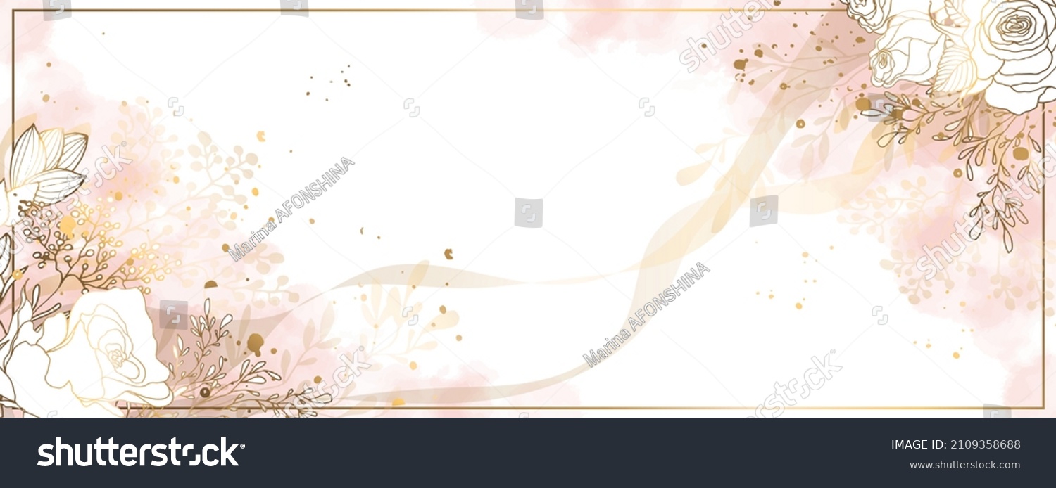 SVG of Luxurious golden wallpaper. Banner with roses.. Watercolor pink, spots on a white background. Brilliant flowers and twigs. vector file svg