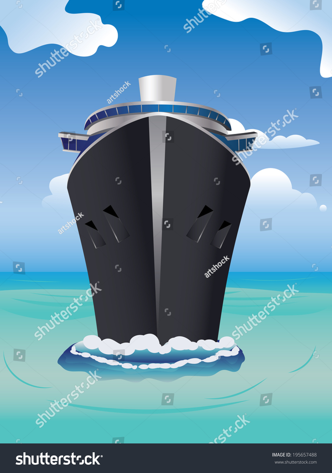 SVG of Luxury cruise ship, view from front at water level on a clear day with tropic seas and blue sky. svg