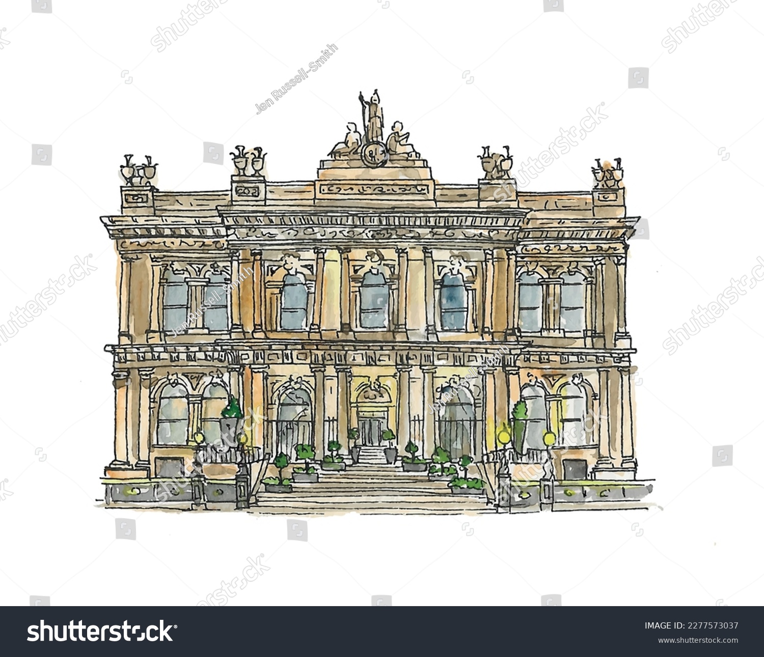 SVG of Luxury hotel, Victorian building, Wedding Venue, steps, statues. Watercolor sketch illustration. Isolated vector. svg