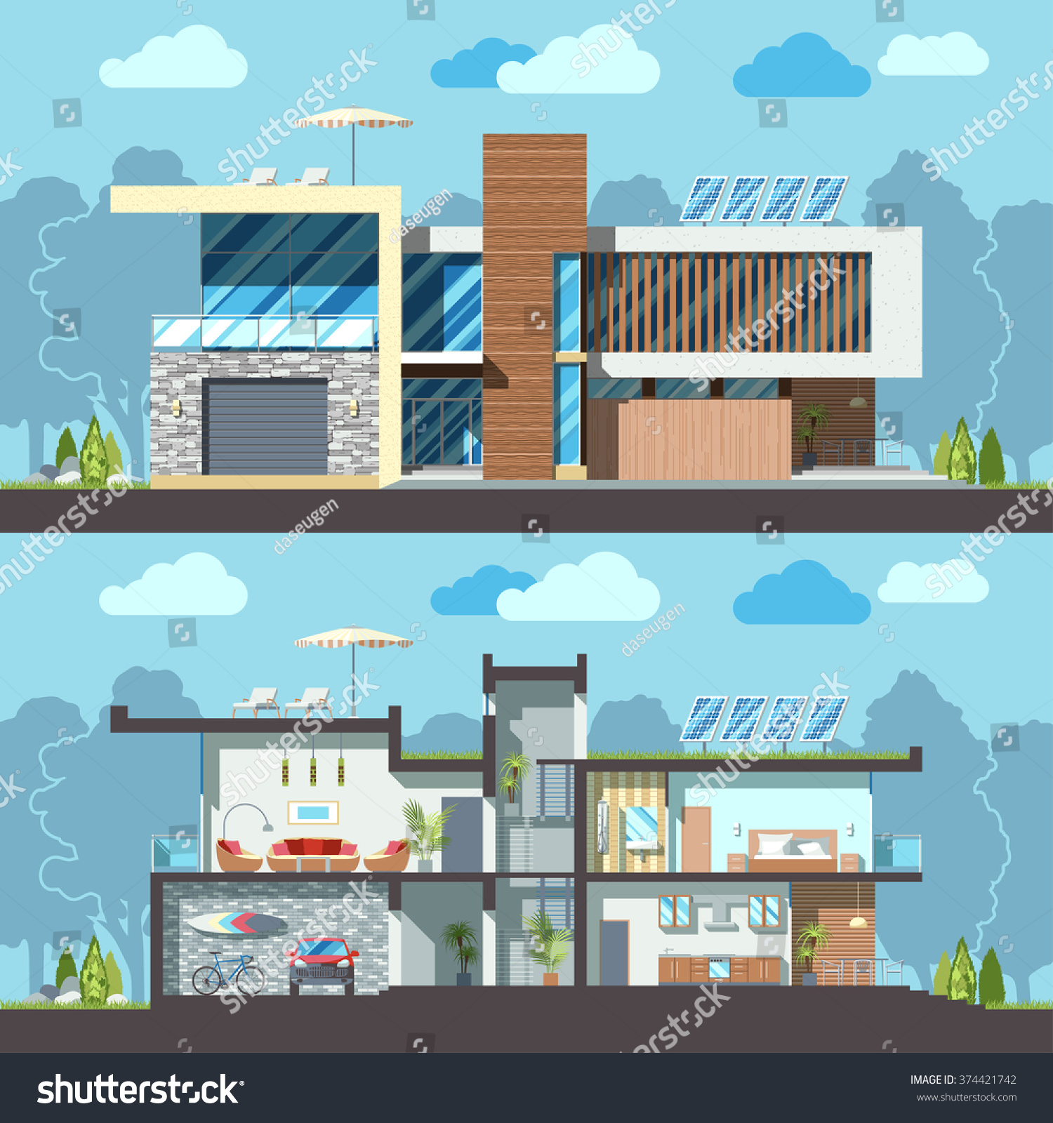 Luxury Modern Residential Twostoried House Facade Stock Vector Royalty Free 374421742
