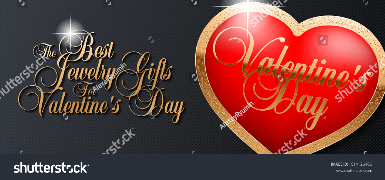 Luxury The Best Jewelry Gifts for Valentines Day golden calligraphic lettering and gold heart on black striped bakground. Good sale, special offer, discount, advertising campaign vector banner, flyer, poster, voucher, website header template. 