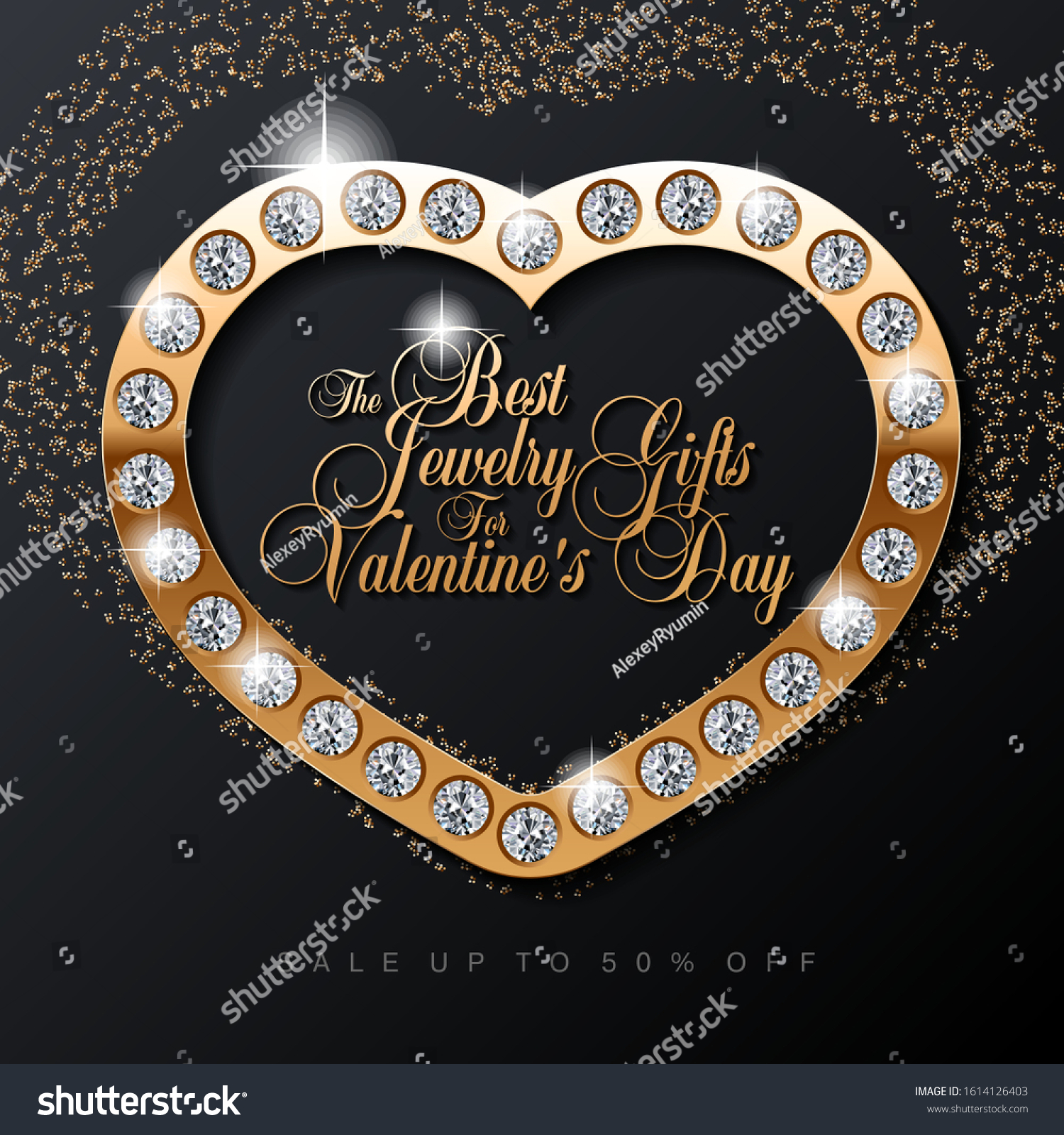 Luxury Valentines Day jewelry sale, special offer, discount, advertising campaign square vector banner, flyer, poster, voucher, social media post template with gold jewelry, diamonds and text on black background 