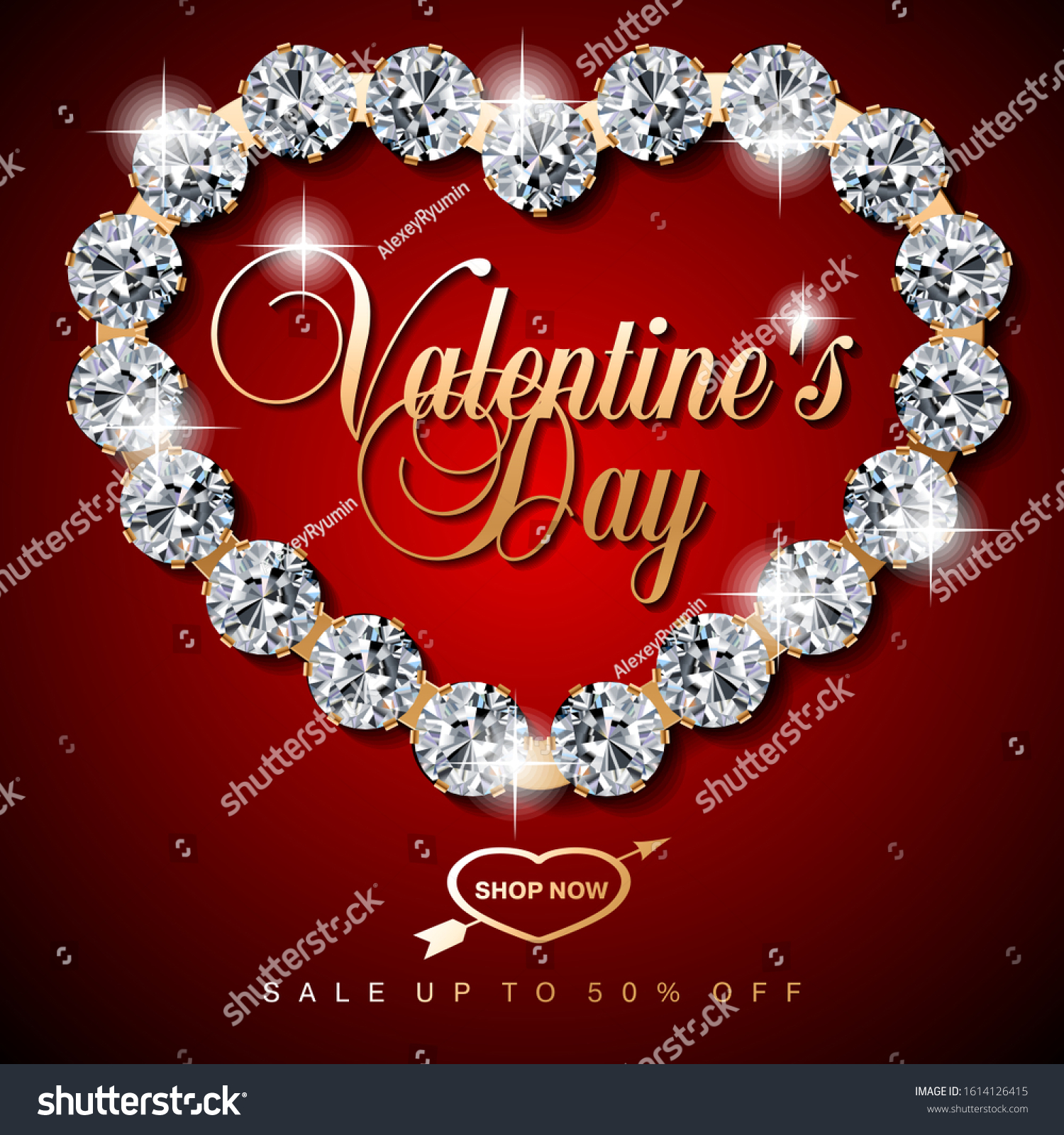 Luxury Valentines Day jewelry sale, special offer, discount, advertising campaign square vector banner, flyer, poster, voucher, social media post template with gold jewelry, diamonds and text on dark red background 