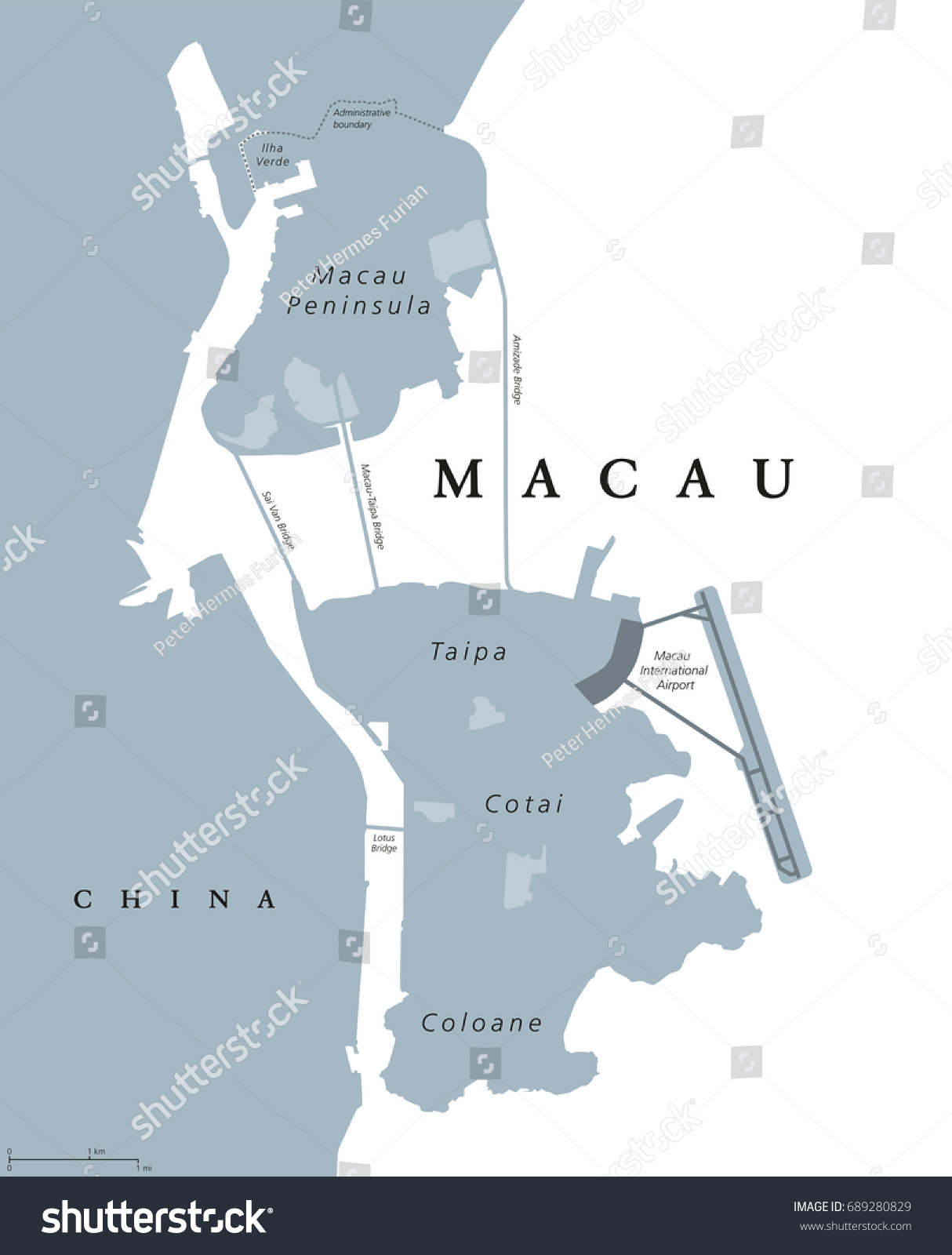 Vektor Stok Macau Political Map Spelled Macao English Tanpa Royalti   Stock Vector Macau Political Map Also Spelled Macao English Labeling Special Administrative Region Of Peoples 689280829 