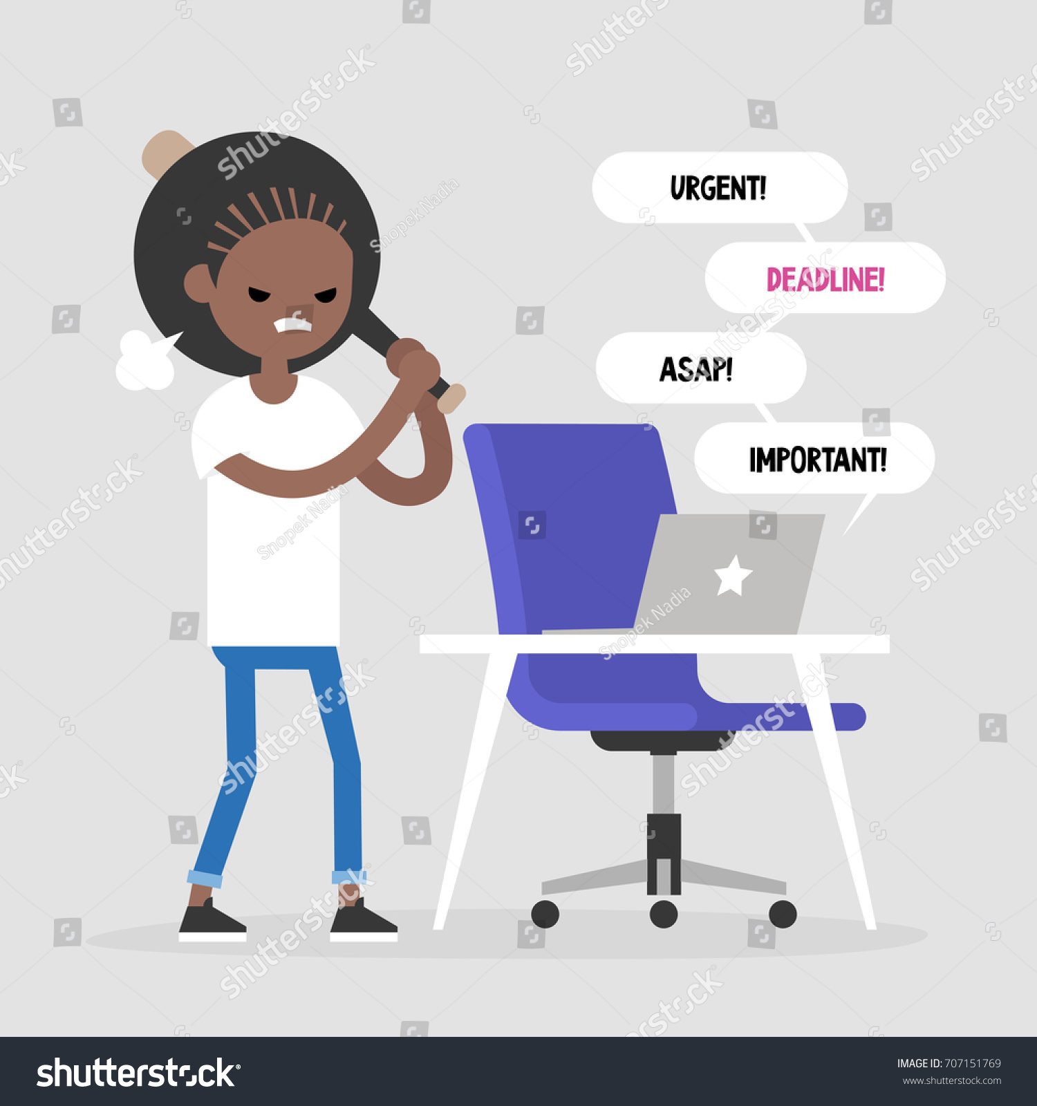 SVG of Mad office worker conceptual illustration. Young black female character hitting a laptop with a baseball bat. Flat editable vector illustration, clip art svg