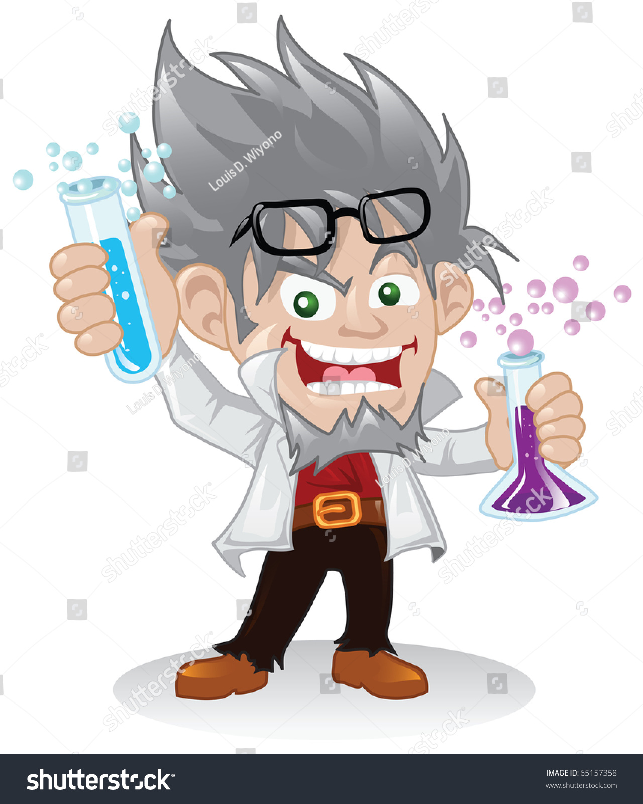 Mad Scientist Cartoon Character Holding Some Flasks Of Chemical Fluids ...