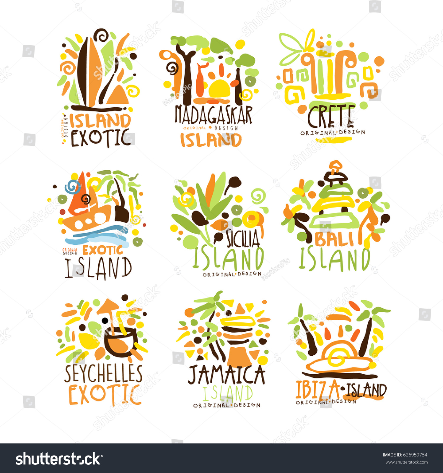 SVG of Madagascar, Crete, Bali, Seychelles, Ibiza, Jamaica resort set for label design. Summer beach tourism and rest logo vector Illustrations svg