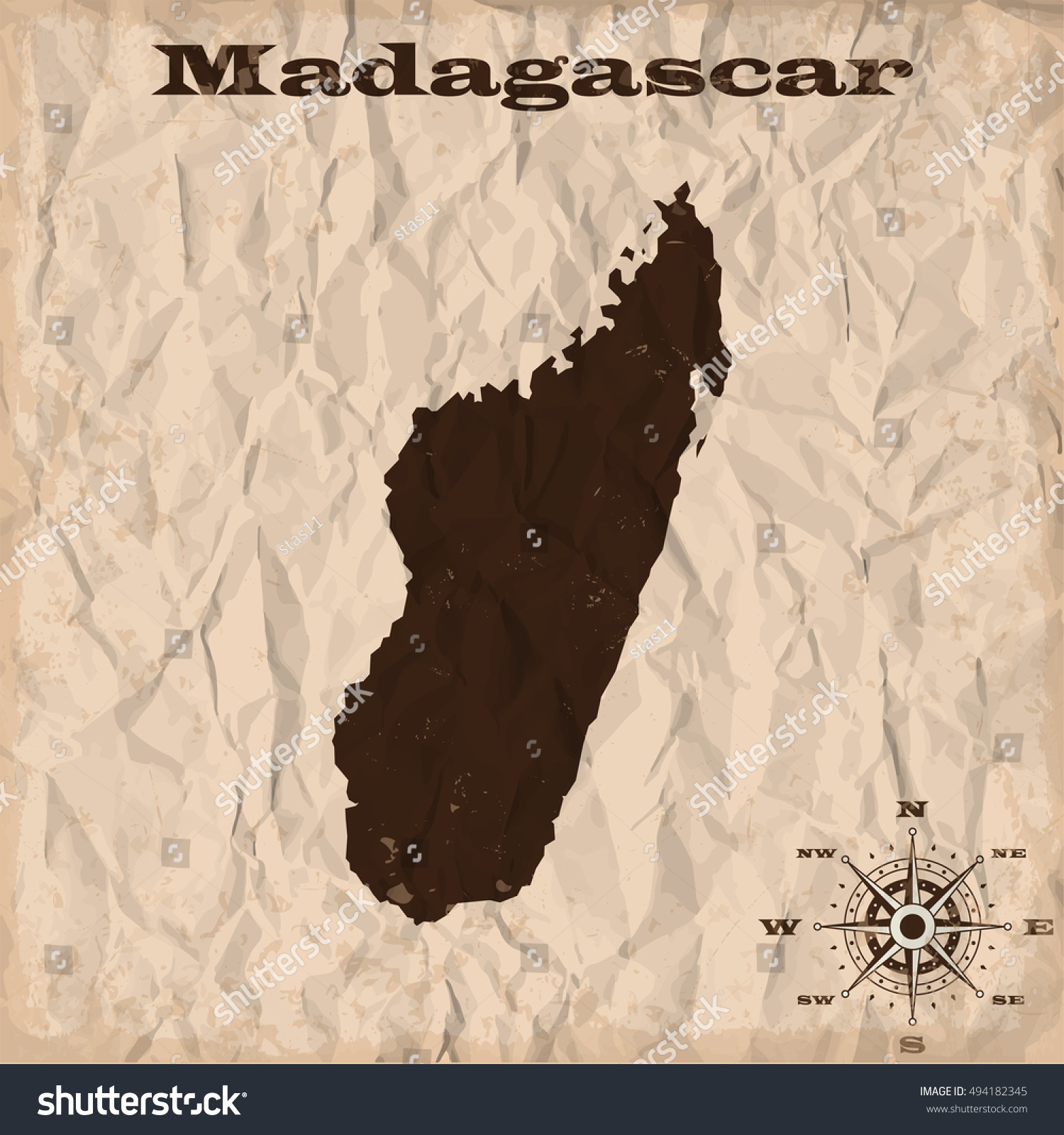 Madagascar Old Map Grunge Crumpled Paper   Stock Vector Madagascar Old Map With Grunge And Crumpled Paper Vector Illustration 494182345 