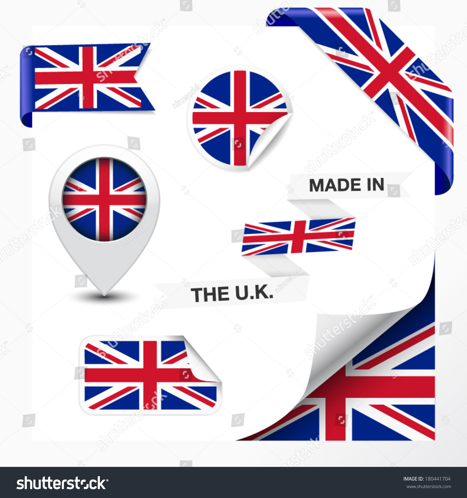 SVG of Made in The U.K. collection of ribbon, label, stickers, pointer, badge, icon and page curl with United Kingdom flag on design element. Vector EPS 10 illustration isolated on white background. svg