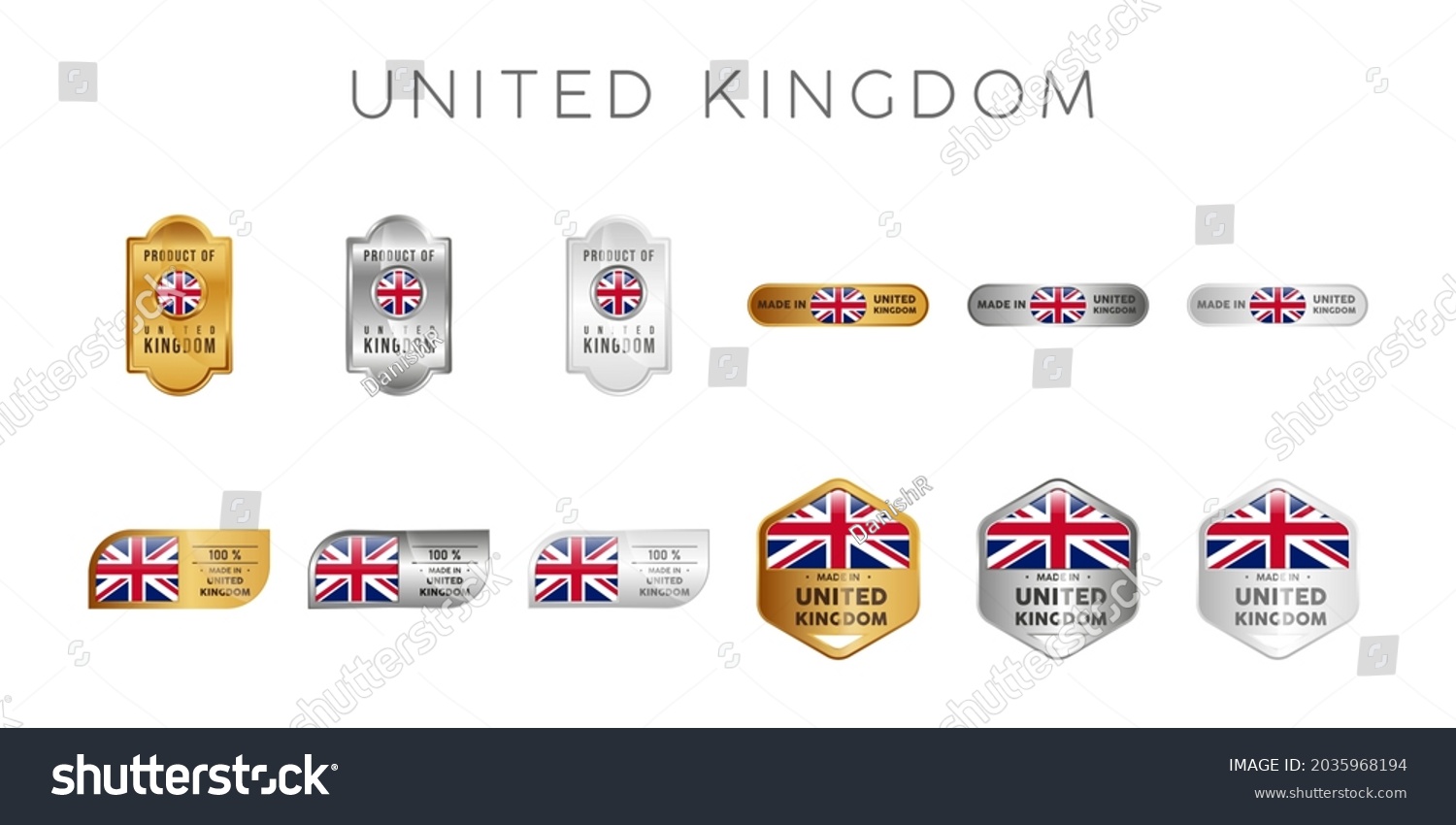 SVG of Made in United Kindom Label, Stamp, Badge, or Logo. With The National Flag of UK, Britain, British. On platinum, gold, and silver colors. Premium and Luxury Emblem svg