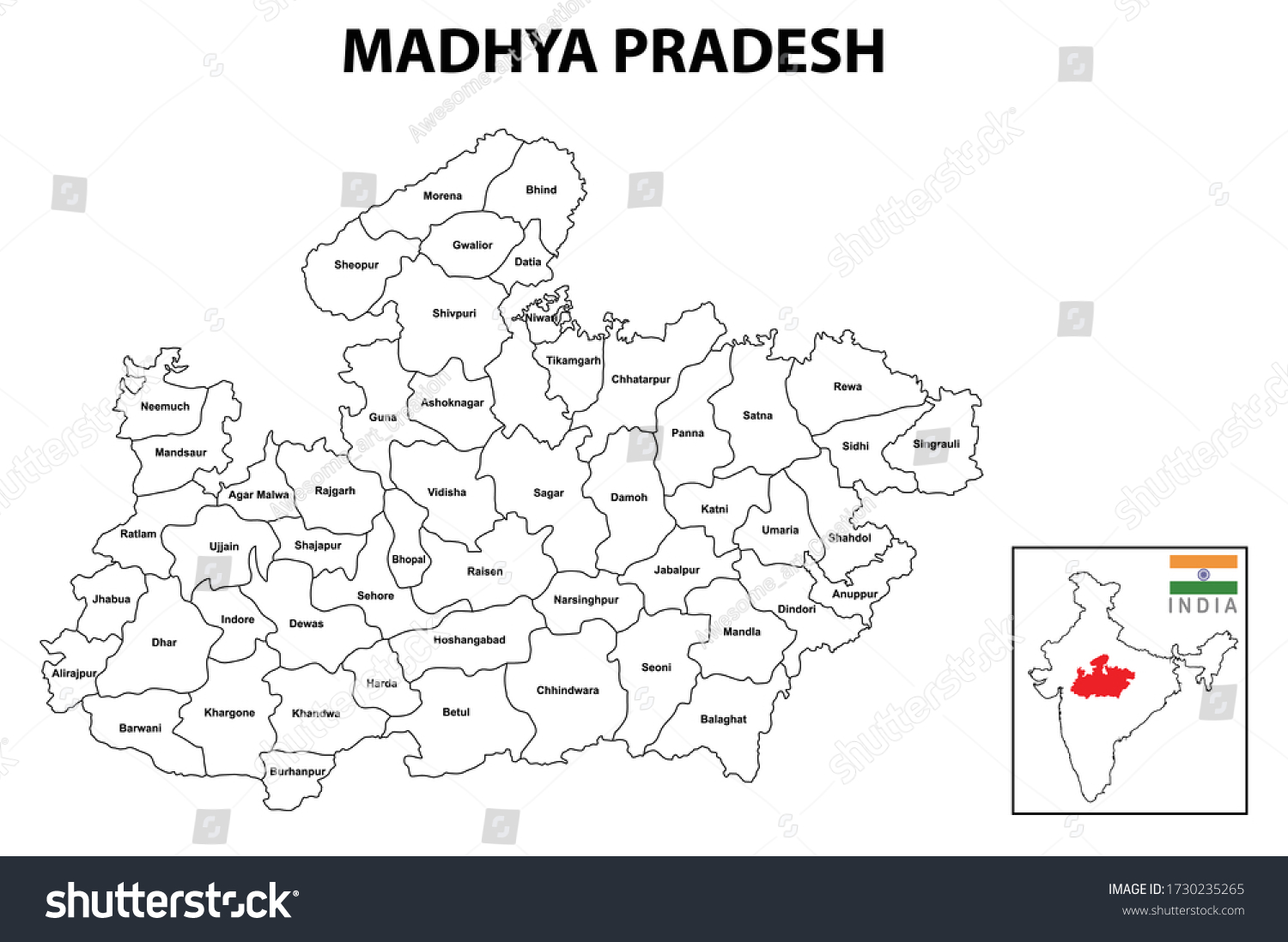 Mp Map All District Madhya Pradesh Map Political Administrative Map Stock Vector (Royalty Free)  1730235265 | Shutterstock