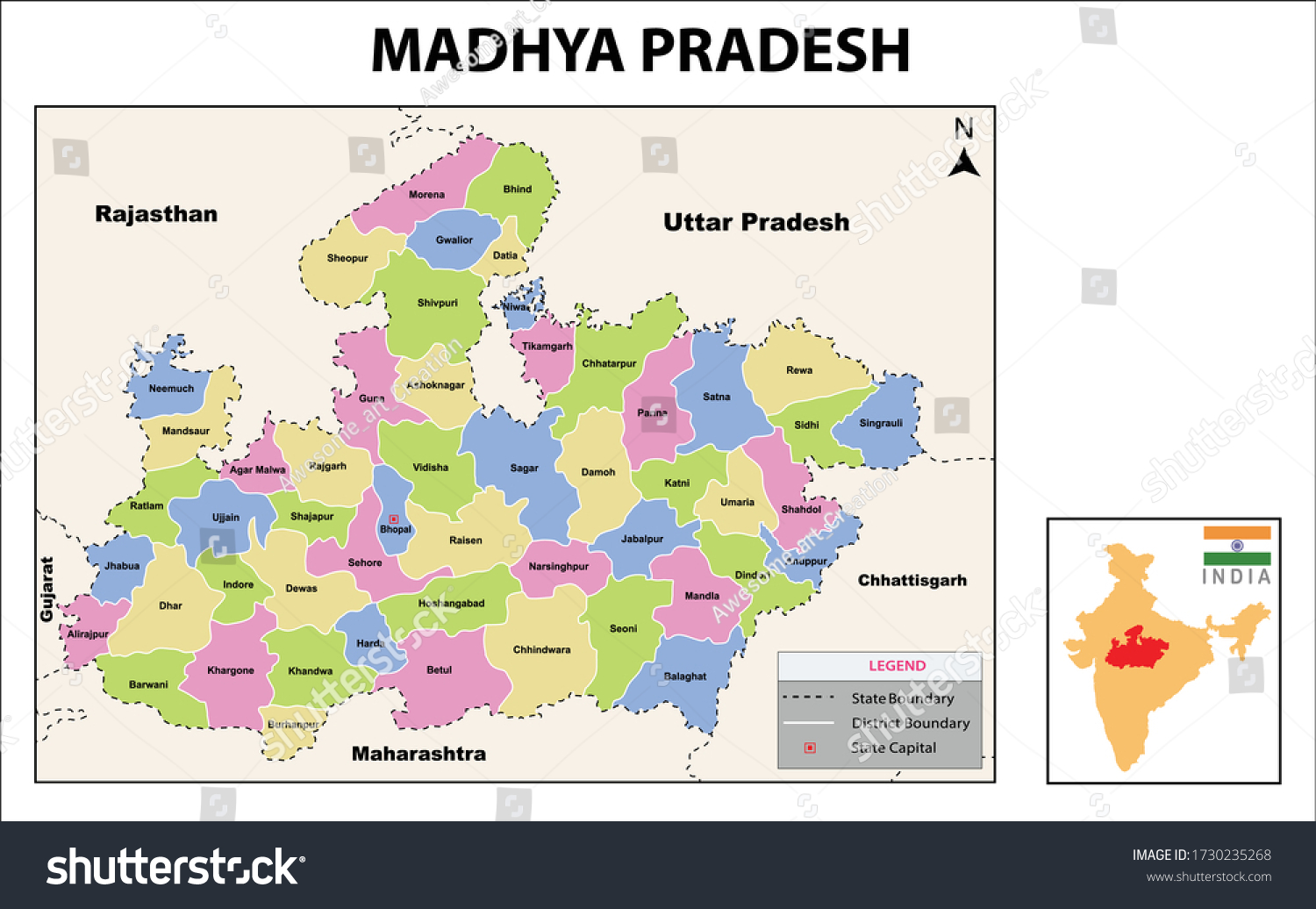 Madhya Pradesh Map Political Administrative Map Stock Vector (royalty 