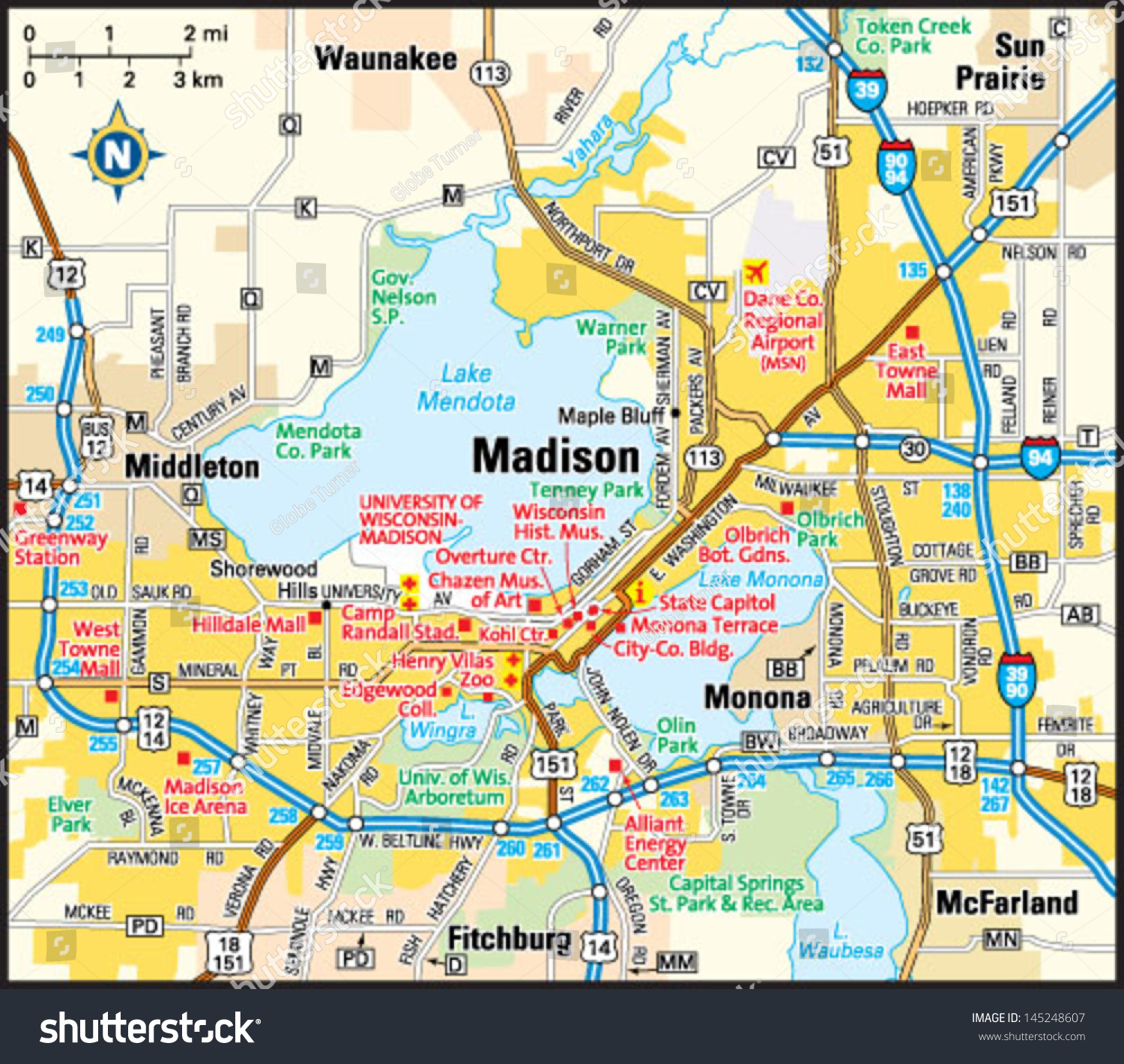 Map Of Downtown Madison Wi United States Map   Stock Vector Madison Wisconsin Area Map 145248607 