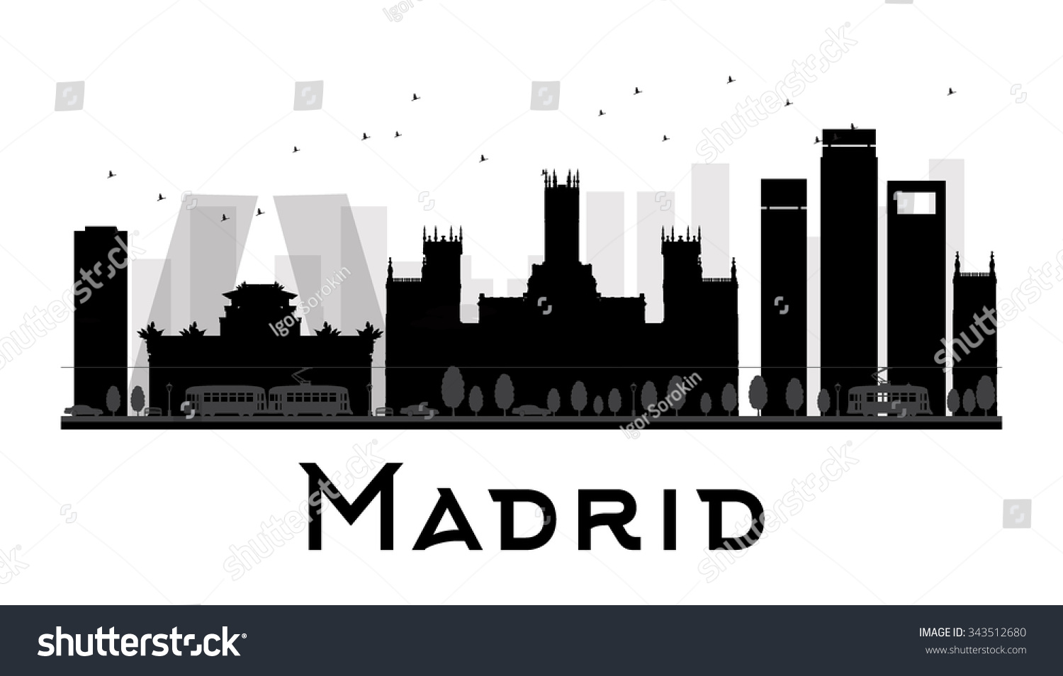 Madrid City Skyline Black White Silhouette Stock Vector (Royalty Free ...