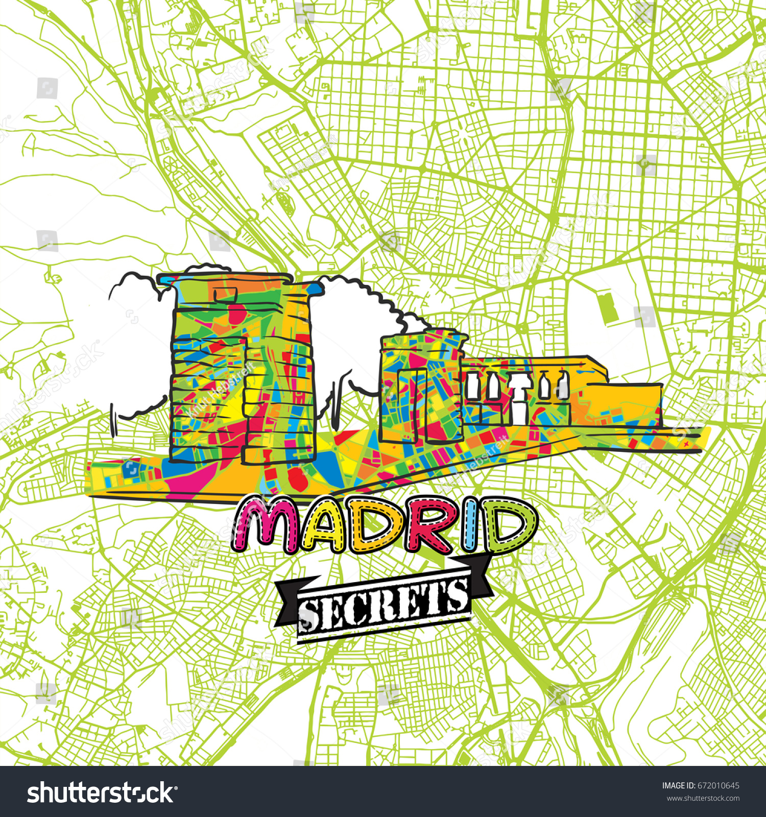 Madrid Travel Secrets Art Map Mapping Vector De Stock Libre De Regalías 672010645 Shutterstock 3001