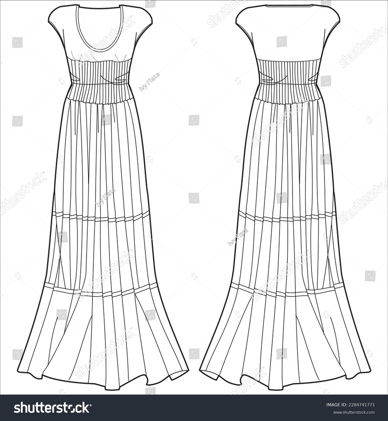SVG of Maggie sleeve column wedding dress design flat sketch fashion illustration with front and back view, U neck pleated trumpet bridal dress flat sketch cad drawing template svg