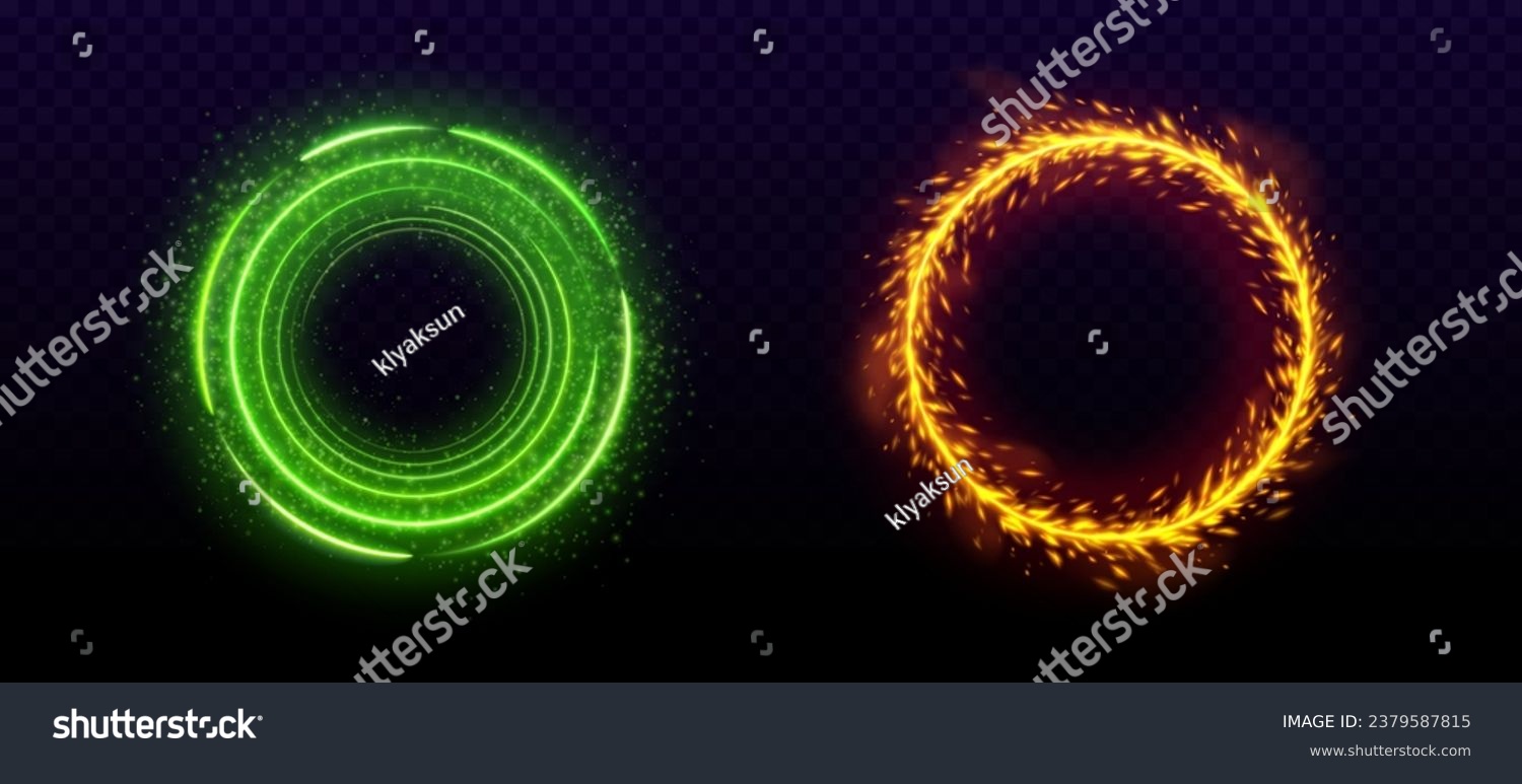 SVG of Magic circular portal with light glow effect. Realistic vector illustration set of neon fantasy door to another world. Round energy ring with sparkles and fog. Flare luminous teleport ball and frame. svg