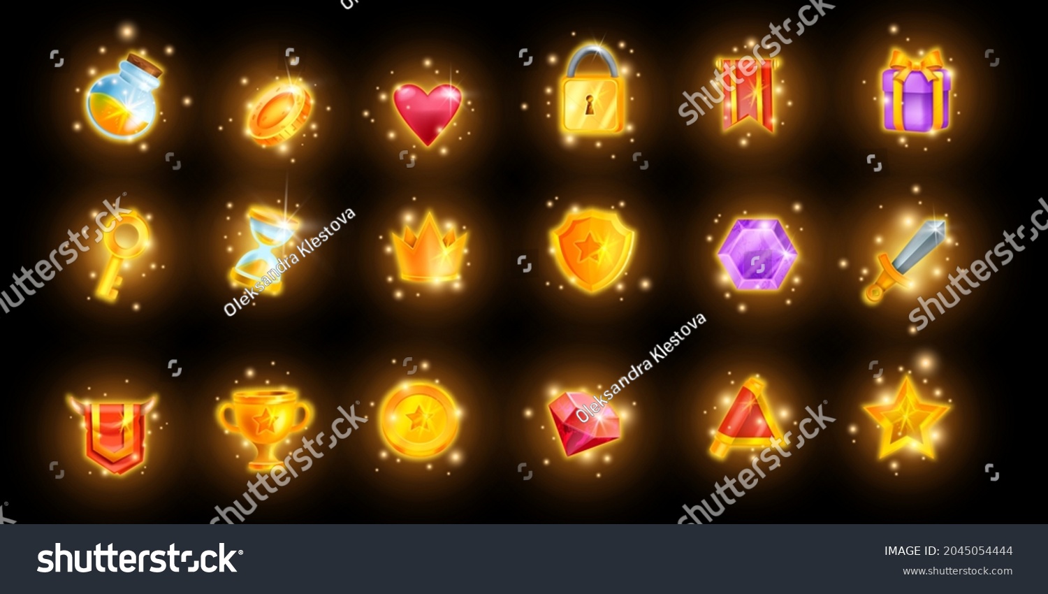 SVG of Magic game icon set, mobile casino app UI collection, golden reward trophy kit, glowing crown. Vector treasure assets, inventory objects, spark RPG shield, award crown level up prize. Online game icon svg