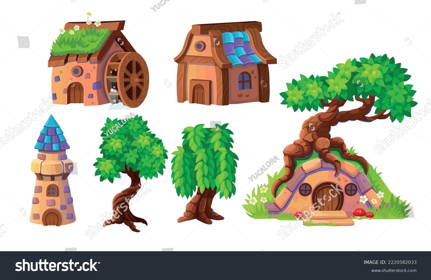 SVG of Magic houses set. Set of big old branchy trees.Houses of gnomes and hobbits, a tower, a house with a water wheel. Cartoon vector elements for design. svg
