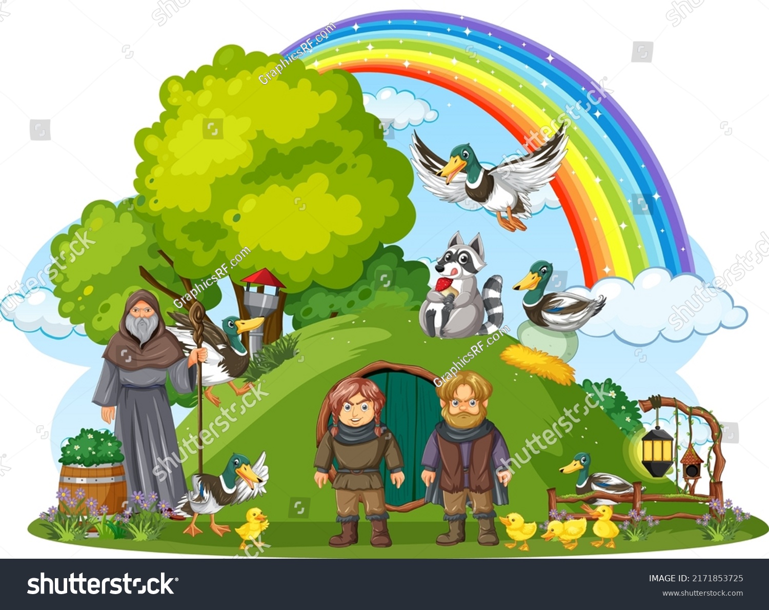 SVG of Magic land with medieval cartoon characters illustration svg