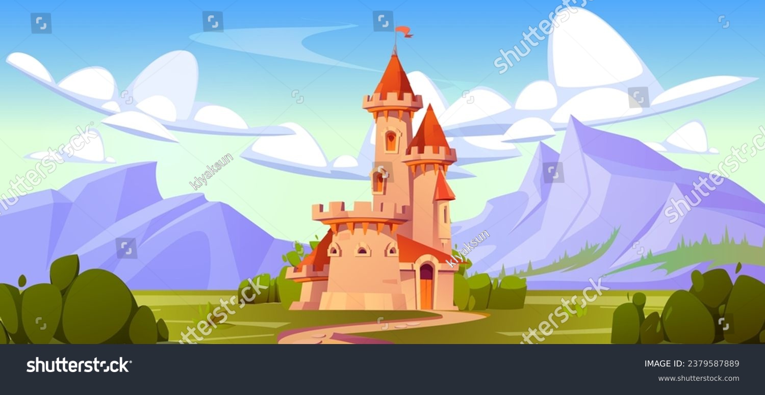 SVG of Magic medieval fairytale castle mountain vector landscape background. Road to fantasy princess palace with flag. High kingdom mansion building on skyline in beautiful valley nature drawing design. svg