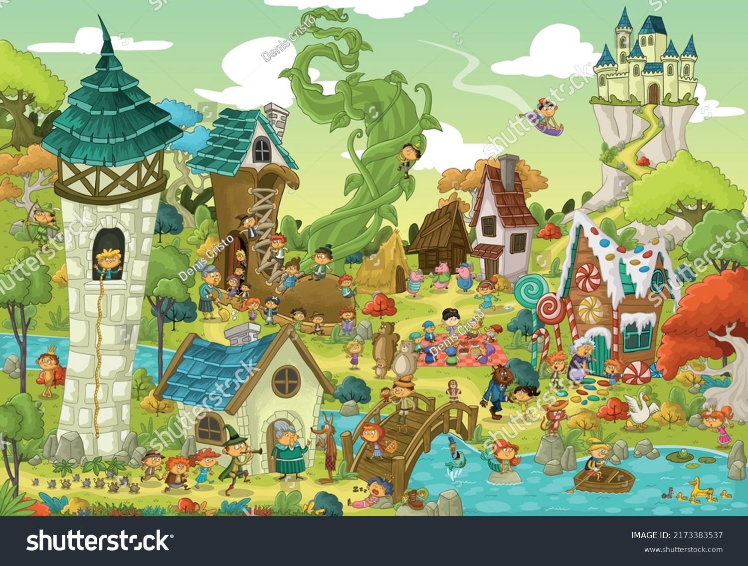 SVG of Magic world with fairy tale characters. Cartoon fantasy background village. svg