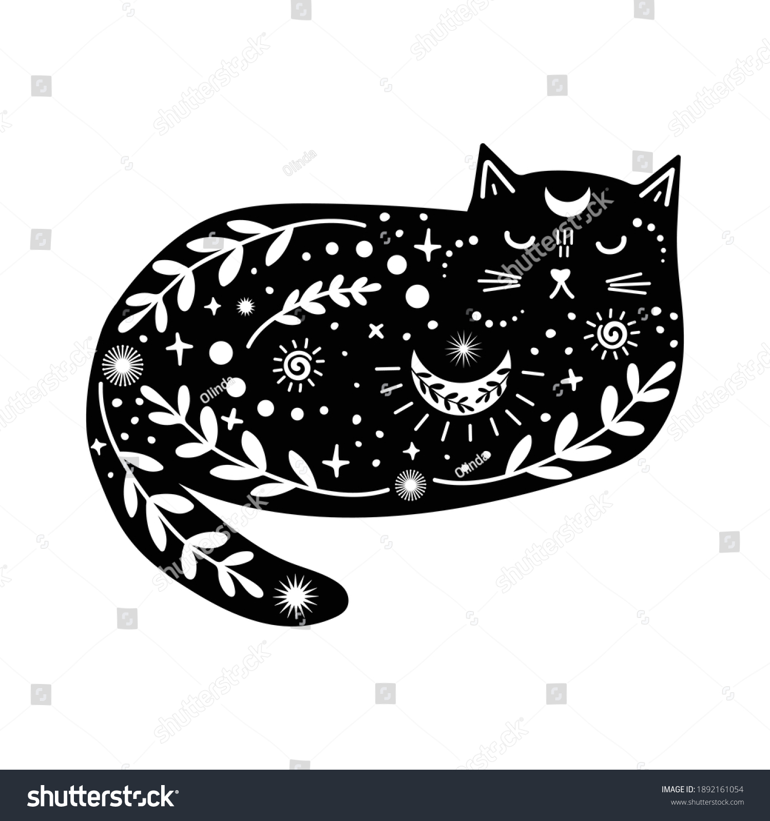 SVG of Magical black cat with white floral and celestial ornaments. Lunar witch aesthetic vector illustration. Modern Boho style doodle art svg