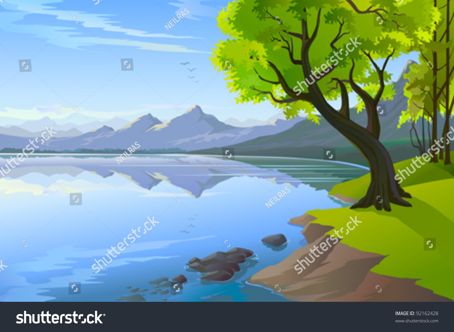 Magnificent Panoramic Lake View Stock Vector Illustration 92162428 ...