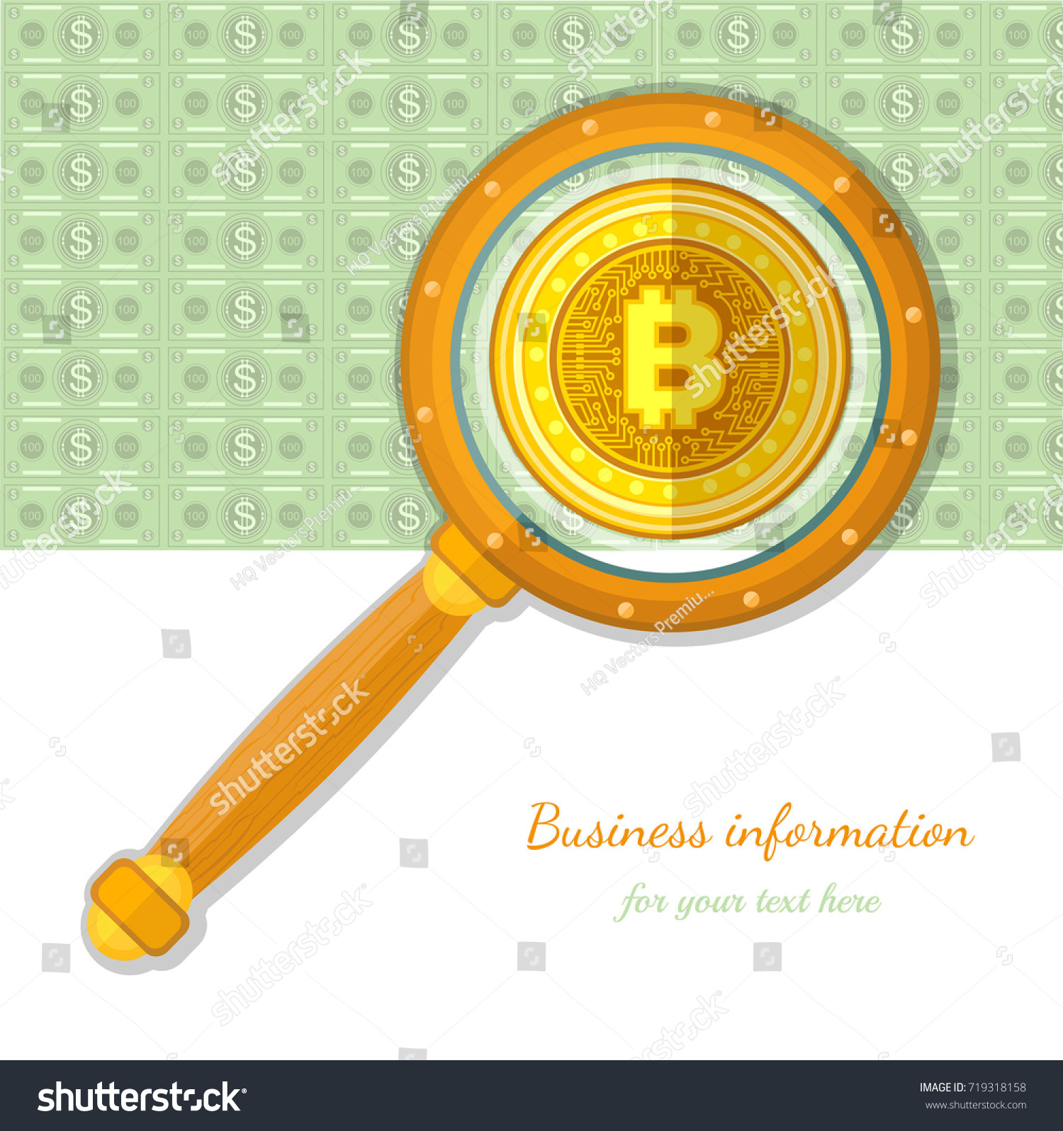 SVG of Magnifier on bank notes background visualization of bit coin. Flat business background svg