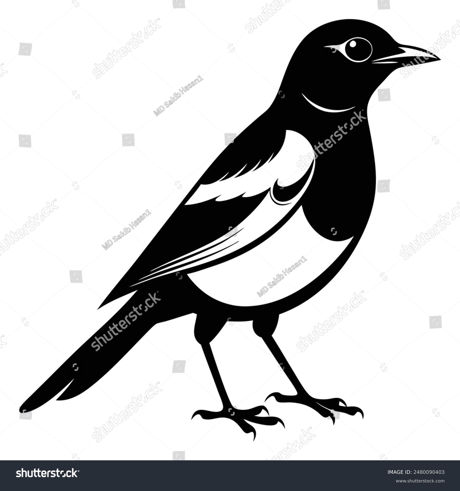 recommend clip art: Magpie-Robin Vector Silhouette With white background. Magpie bird black and white vector logo. Magpie Robin logo on a branch icon design vector illustration in simple minimalist. Magpie silhouette.