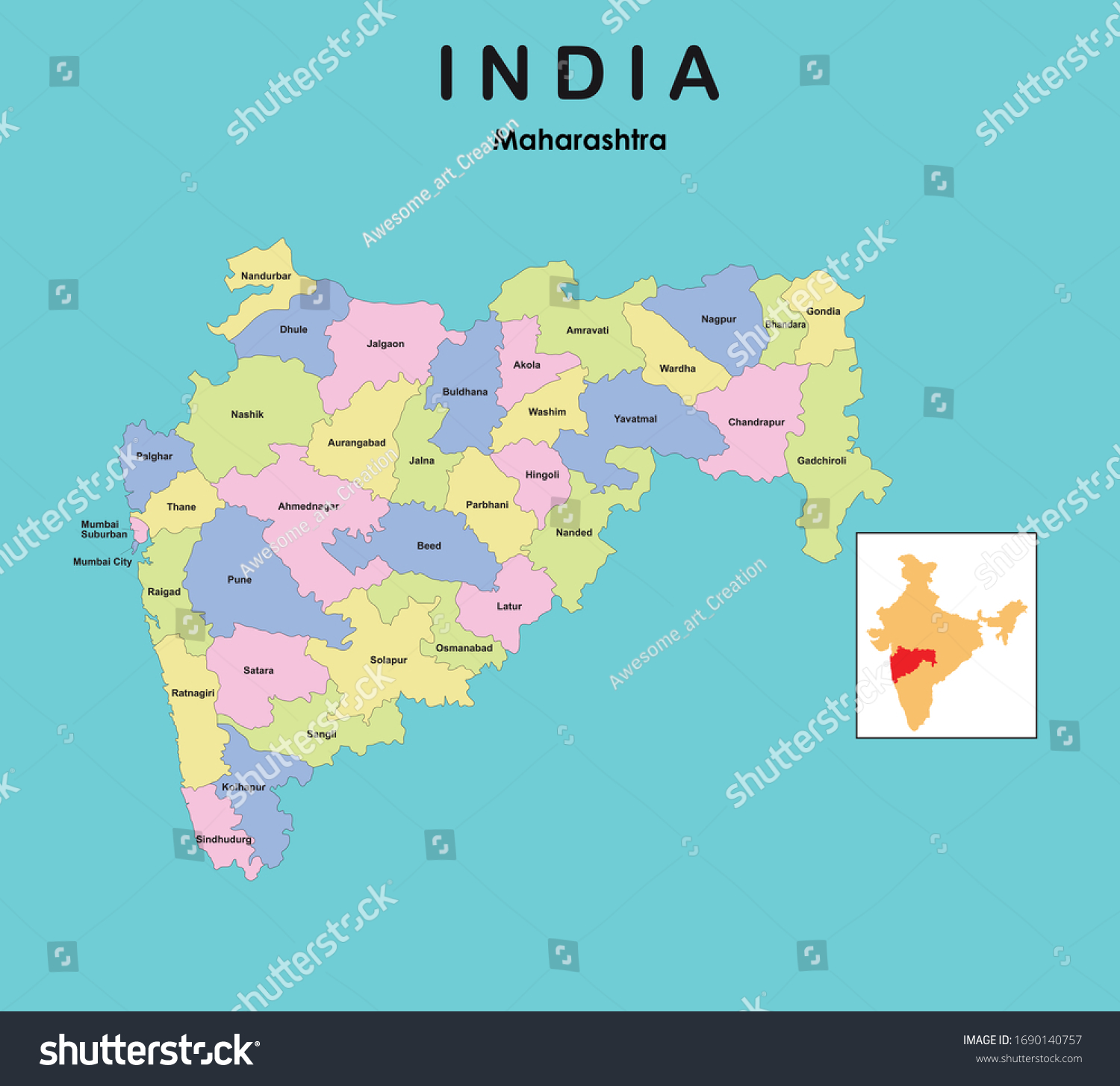 Map Of Maharashtra With District Name Maharashtra Map All District Name Colour Stock Vector (Royalty Free)  1690140757 | Shutterstock