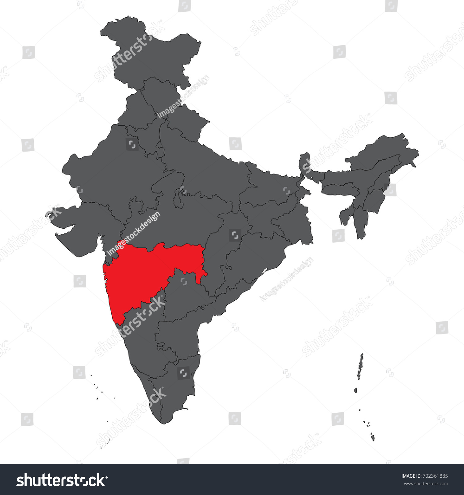 India Map Highlighting Maharashtra Maharashtra Red On Gray India Map Stock Vector (Royalty Free) 702361885 |  Shutterstock