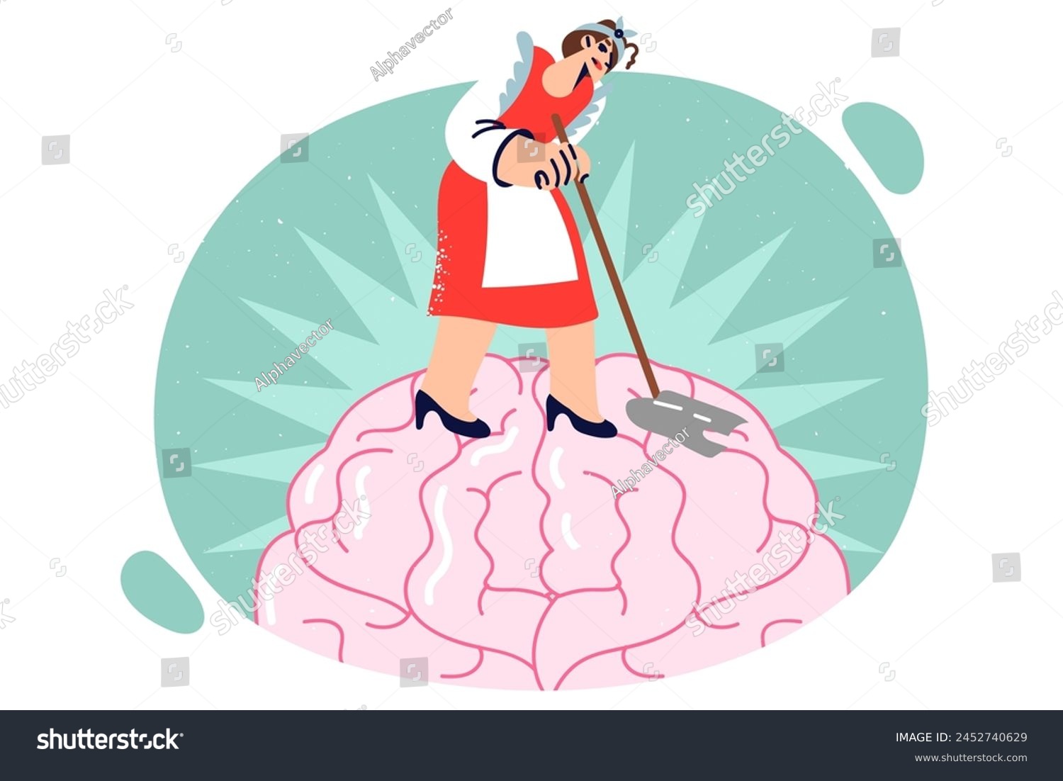 SVG of Maid washes brain with mop, getting rid of bad thoughts, concept mental and psychological hygiene. Metaphor of meditations for detoxification and therapy with psychotherapist to help cleanse brain svg