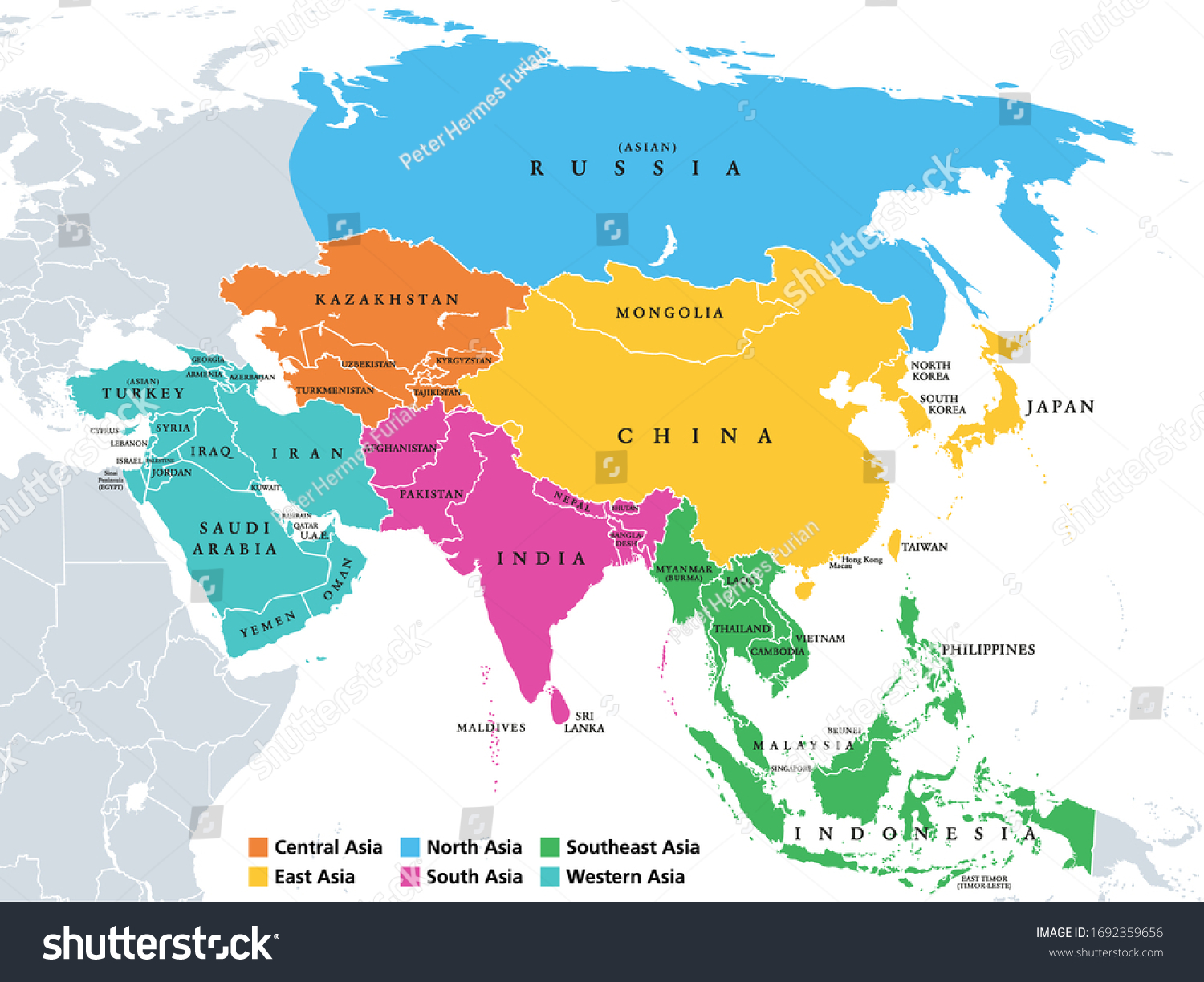Main Regions Of Asia Political Map With Single Countries Colored ...
