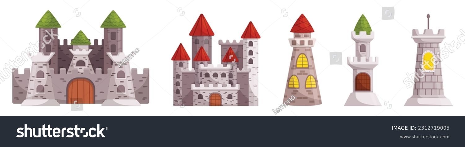 SVG of Majestic Medieval Castles With Towering Structures, Evoking A Sense Of Grandeur And Strength. Ancient Citadels Imposing Walls, Fortified Towers, And Intricate Architecture. Cartoon Vector Illustration svg