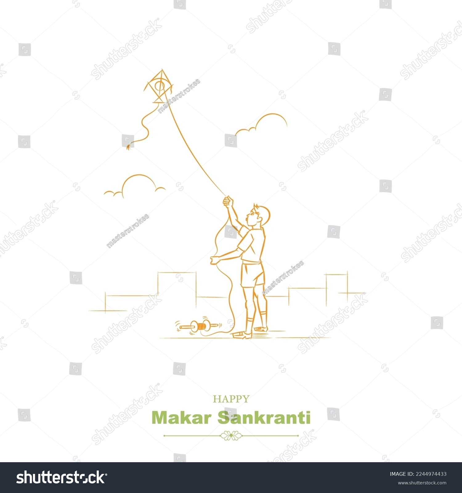 SVG of makar sankranti boy flying kite line drawing svg