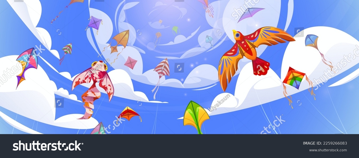 SVG of Makar sankranti, kite festival background. Cute colorful paper toys in shape of fish and bird with ribbons flying on wind in blue sky with clouds, vector cartoon illustration svg