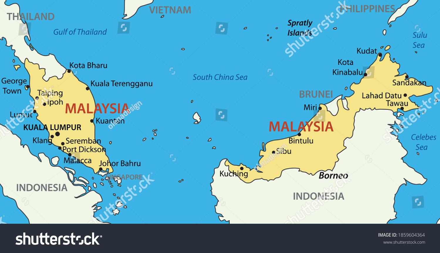 Malaysia Vector Map Country Stock Vector (Royalty Free) 1859604364 ...