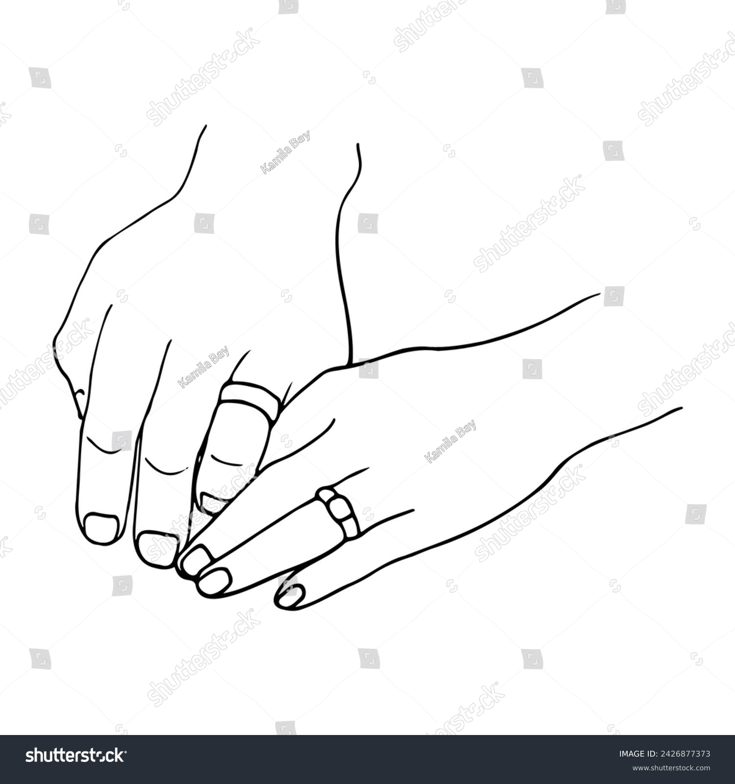 SVG of male and female hands intertwined, on each hand a ring on the ring finger. hand drawn illustration newlyweds, married or just engaged svg