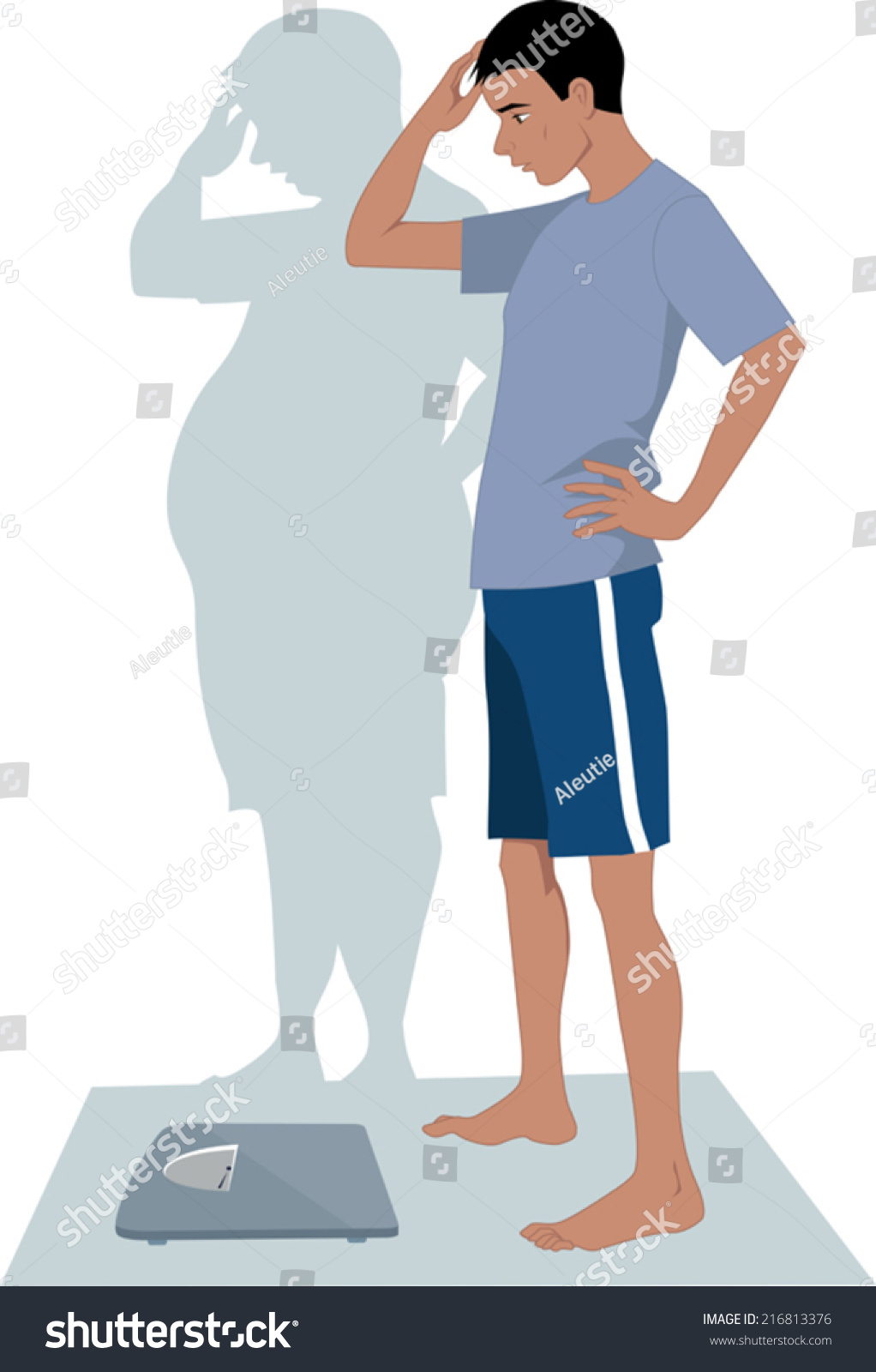 男性の拒食症 体のゆがんだイメージのためにうろこを踏みたがる若い痩せた男 のベクター画像素材 ロイヤリティフリー